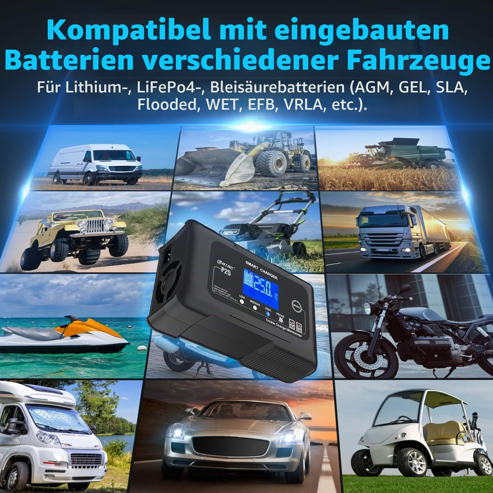 Haisito 25A Autobatterieladegerät, 12V 24V 25A, Erhaltungsladegerät und Entschwefelungsgerät, geeignet für Lithium, LiFePO4, Bleisäure (AGM, Gel 、EFB、MFusw.) Motorräder, Autos, Boote, Rasenmäher usw.