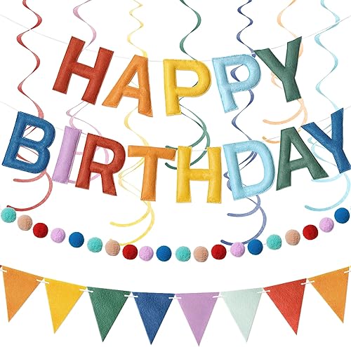 Miniatura 1 de Cartel de feliz cumpleaños de fieltro pre-encordado, retro, bohemio, arco iris, decoración de fiesta de feliz cumpleaños con guirnalda de pompones,