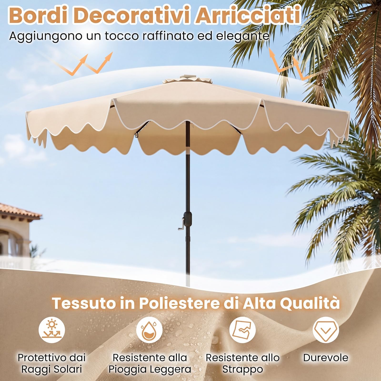 COSTWAY Ombrellone Giardino 280 cm, 104 Luci, Inclinabile 30° | 8 Stecche in Metallo, Anti- UV, Parte Superiore Ventilata e Manovella, per Balcone Terrazzo Piscina