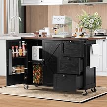 54.5" Farmhouse Kitchen Island with Power Outlet, Storage Island with Internal Storage Rack, Drop Leaf, Spice Rack, Rolling Kitchen Cart on Wheels for Home Dining Room Black