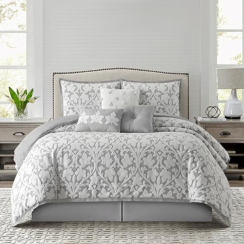 Grand Avenue Juego de edredón de 7 piezas, color blanco y gris, juego de ropa de cama jacquard tamaño King, ropa de cama de hojas florales para