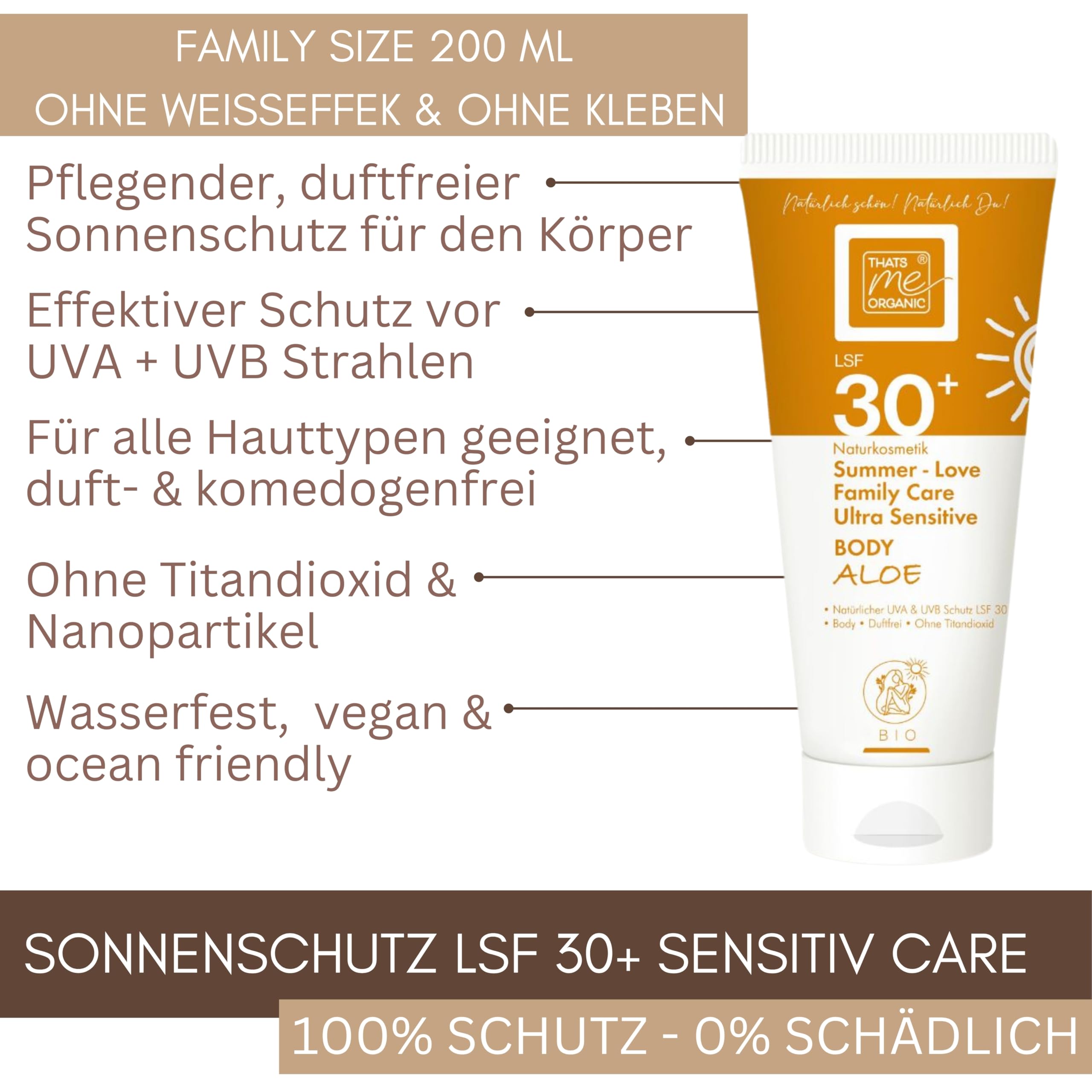 Thats me organic Bio Sonnencreme LSF30+ (200 ml) – Natürliche Sonnencreme für den Körper – vegan, wasserfest & ohne Weißfilm – Sonnenschutz für Kinder & Babys – NATRUE zertifiziert