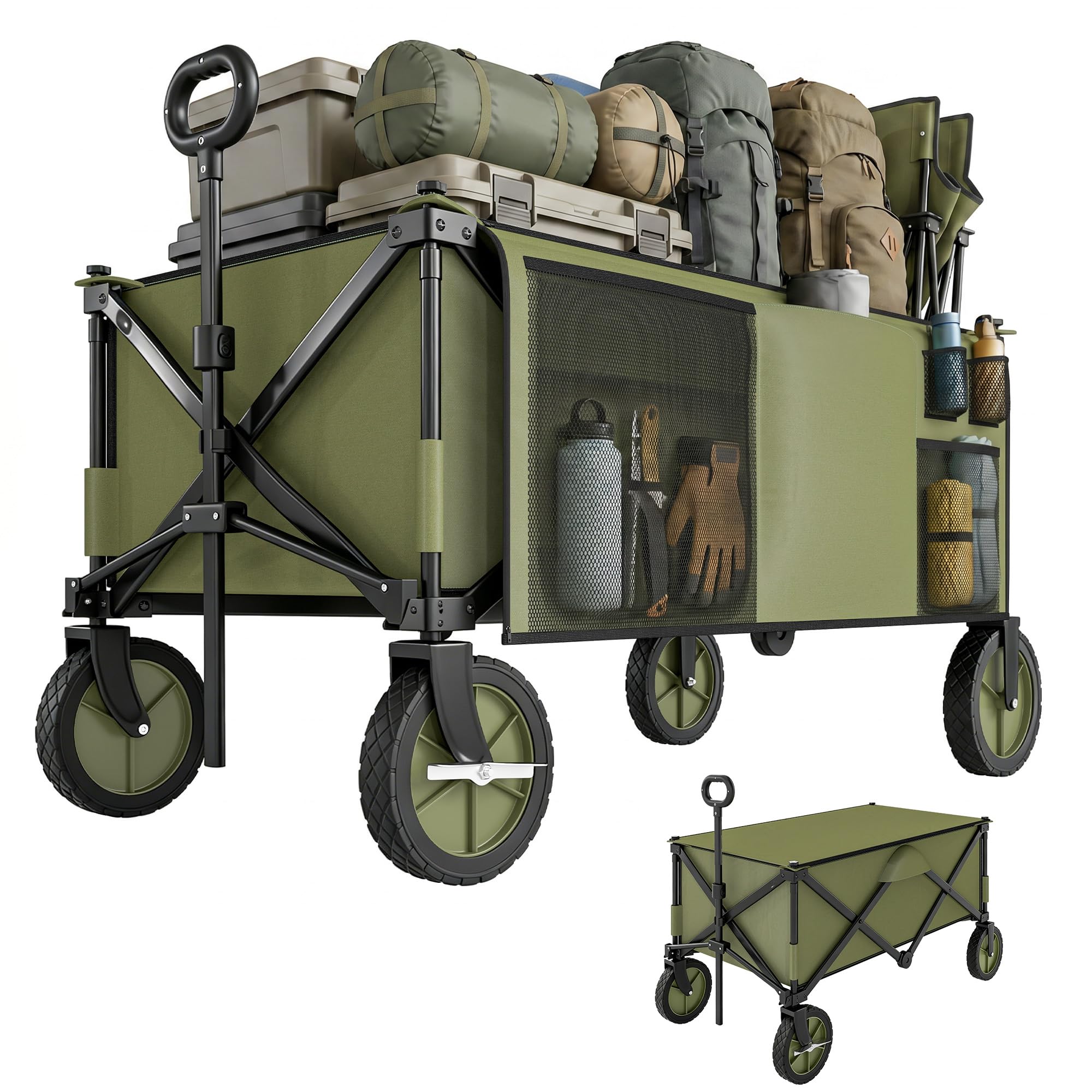 Outsunny Carro Plegable de Jardín con Ruedas Carro para Playa con Mango Telescópico Tablero Plegable 5 Bolsas Marco de Acero Carga 100 kg para Compra Patio 108x55x93 cm Verde