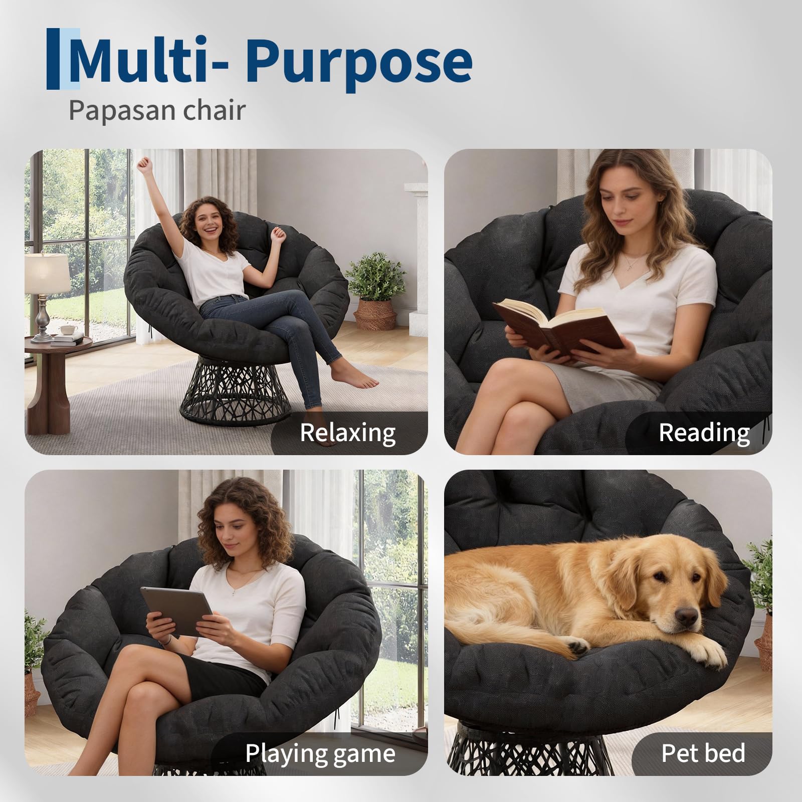 GarveeHome Ergonomischer Papasan Sessel aus Rattan mit dickem Komfortkissen, stabilem Stahlrahmen & 360° Drehfunktion – Perfekt für Wohnzimmer, Schlafzimmer, Leseecke oder Lounge