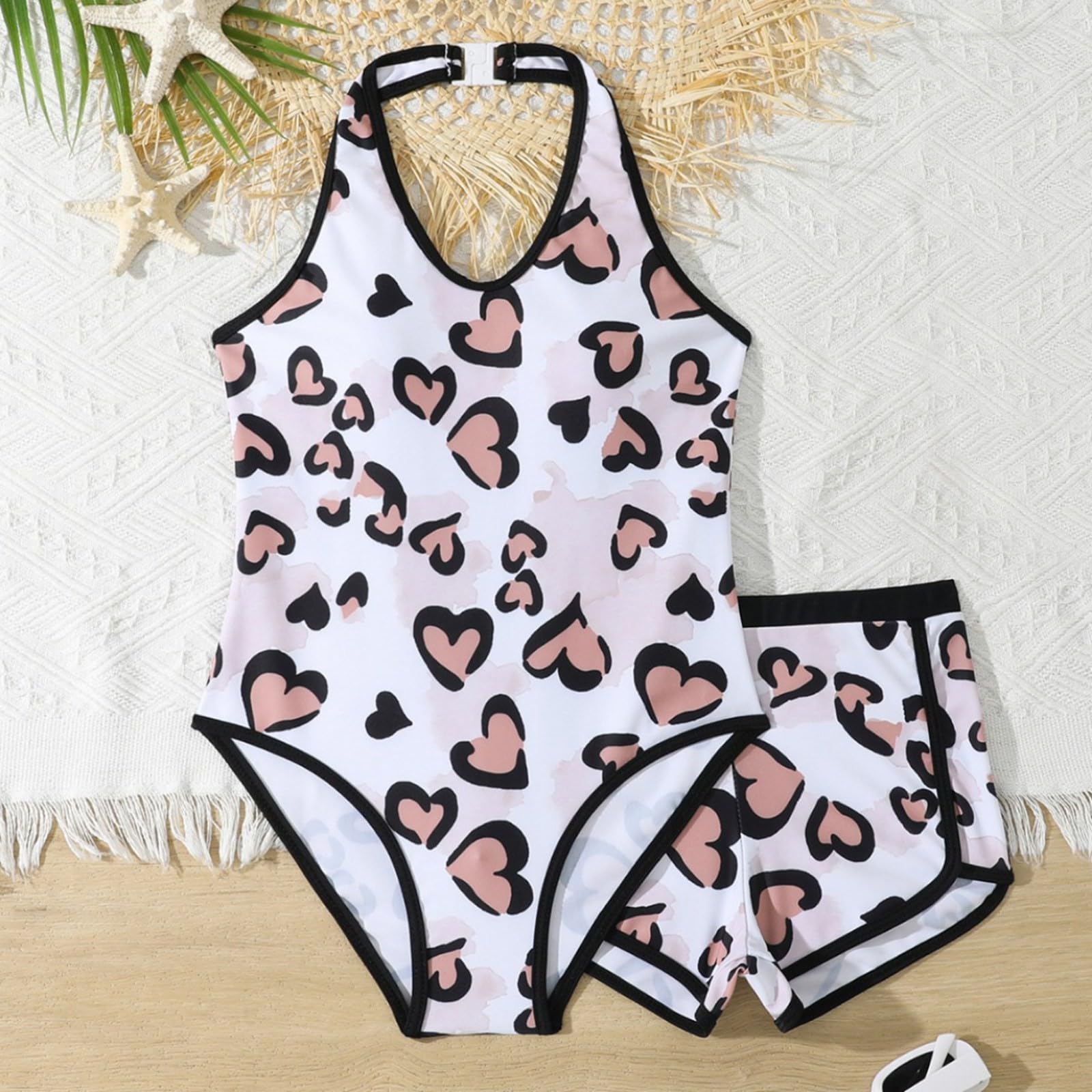 Generisch Bañador para niña con bonito estampado de corazones y pantalón corto