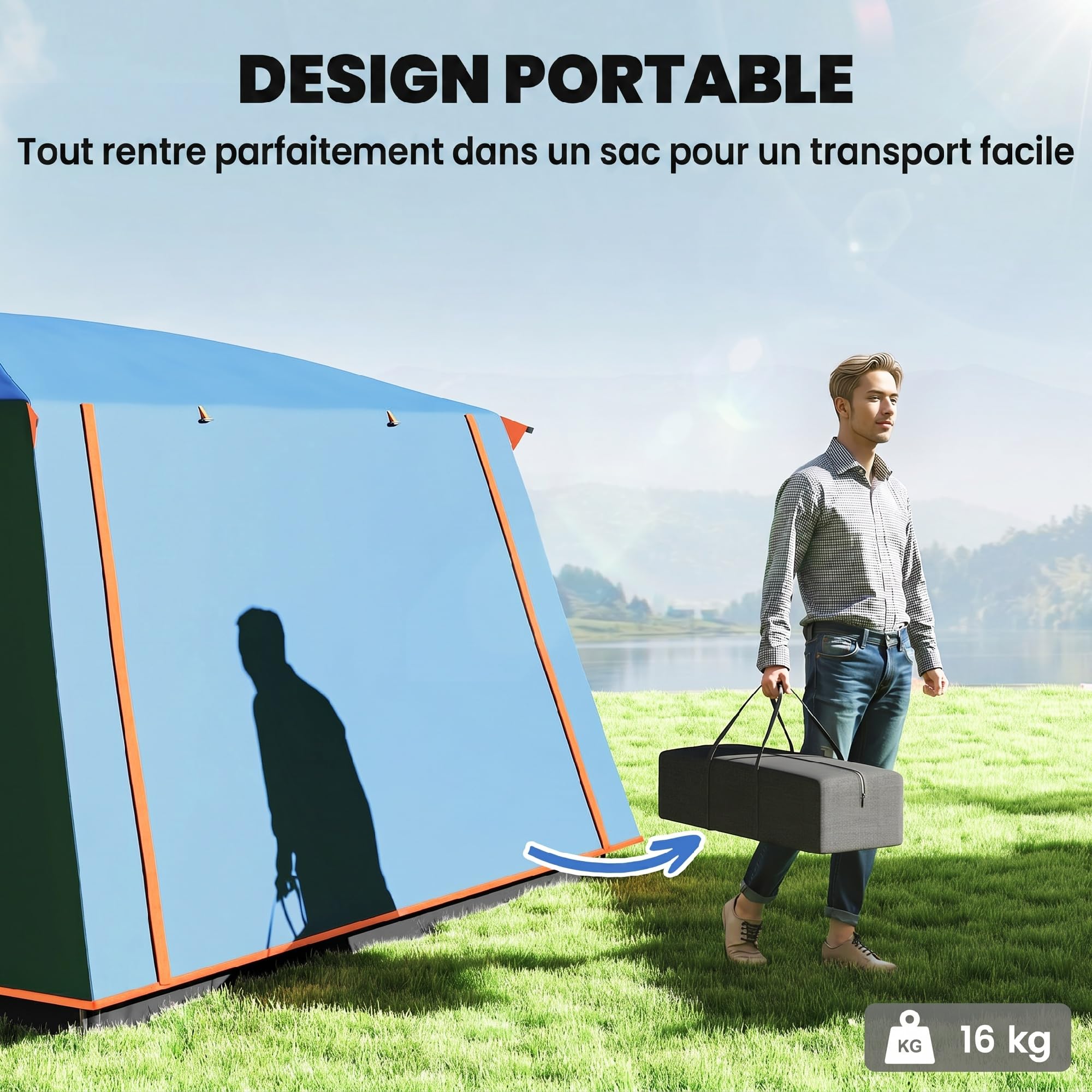Outsunny Tente de camping familiale 4-5 personas, tente túnel imperméable, portes + fenêtres, ventilée, sac de transporte inclus, facile à monter, 4,3 x 3 x 1,95 m, bleu