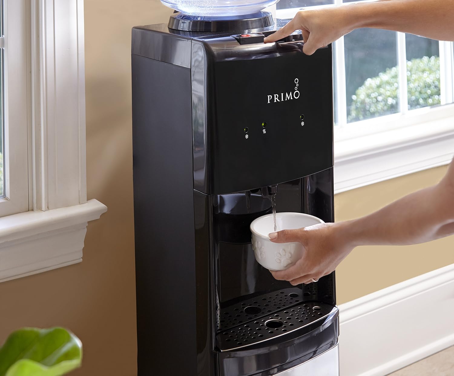 Hand dispensing hot water from Primo dispenser into a mug with steam