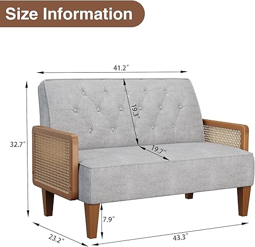 Miniatura 2 de annjoe Sofá de dos plazas tapizado con botones y reposabrazos de ratán natural, respaldo con hebilla, sofá banquete para comedor, sala de estar,