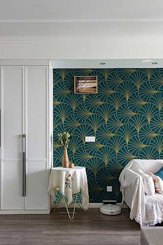 Miniatura 41 de Safiyya Papel tapiz de 118 x 17.7 pulgadas, papel adhesivo verde dorado, autoadhesivo, extraíble, moderno, enrejado, dorado, para dormitorio, Dorado