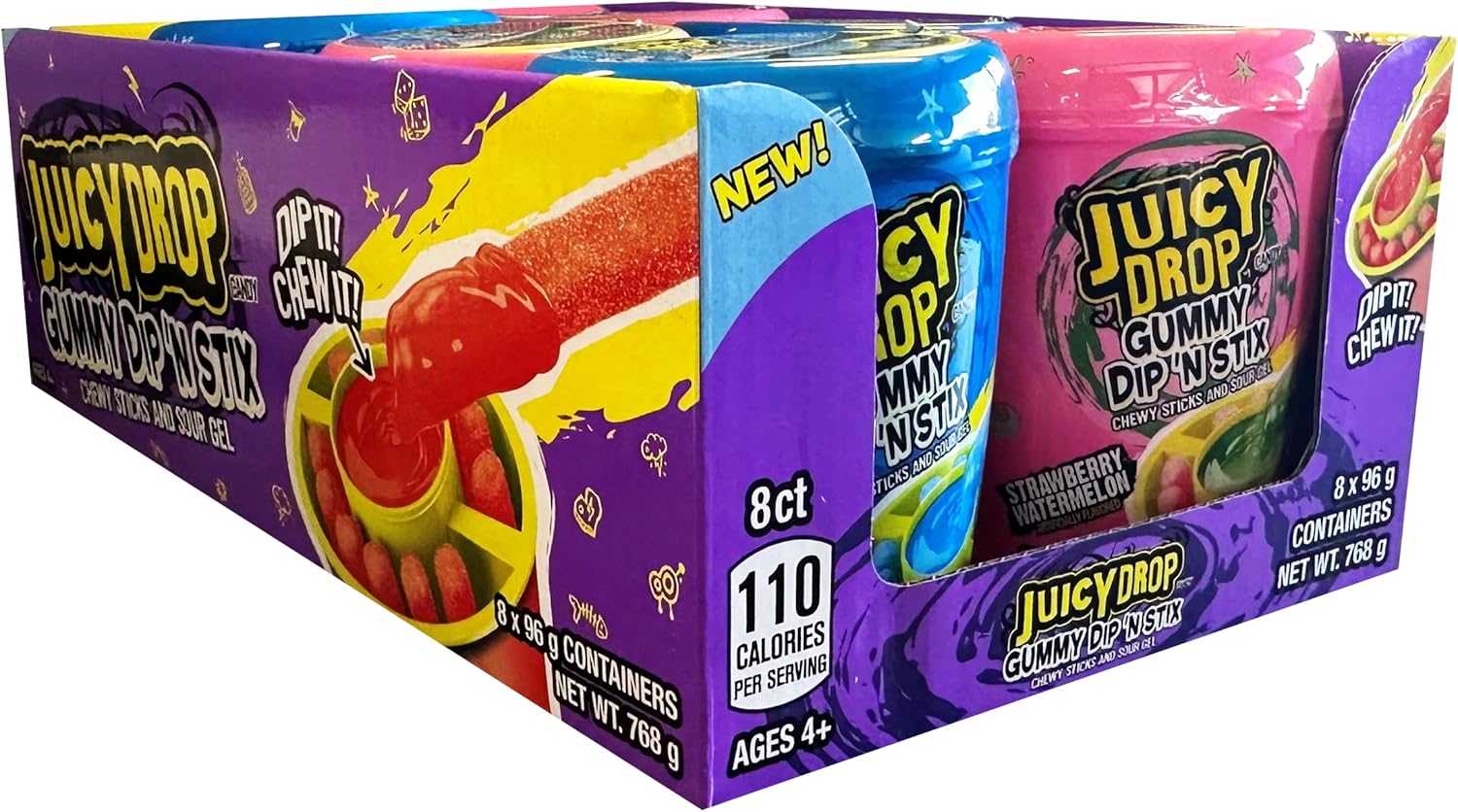 Juicy Drop Gummy Dip N Stix Chewy Sticks and Sour Gel Candy (Pack of 8