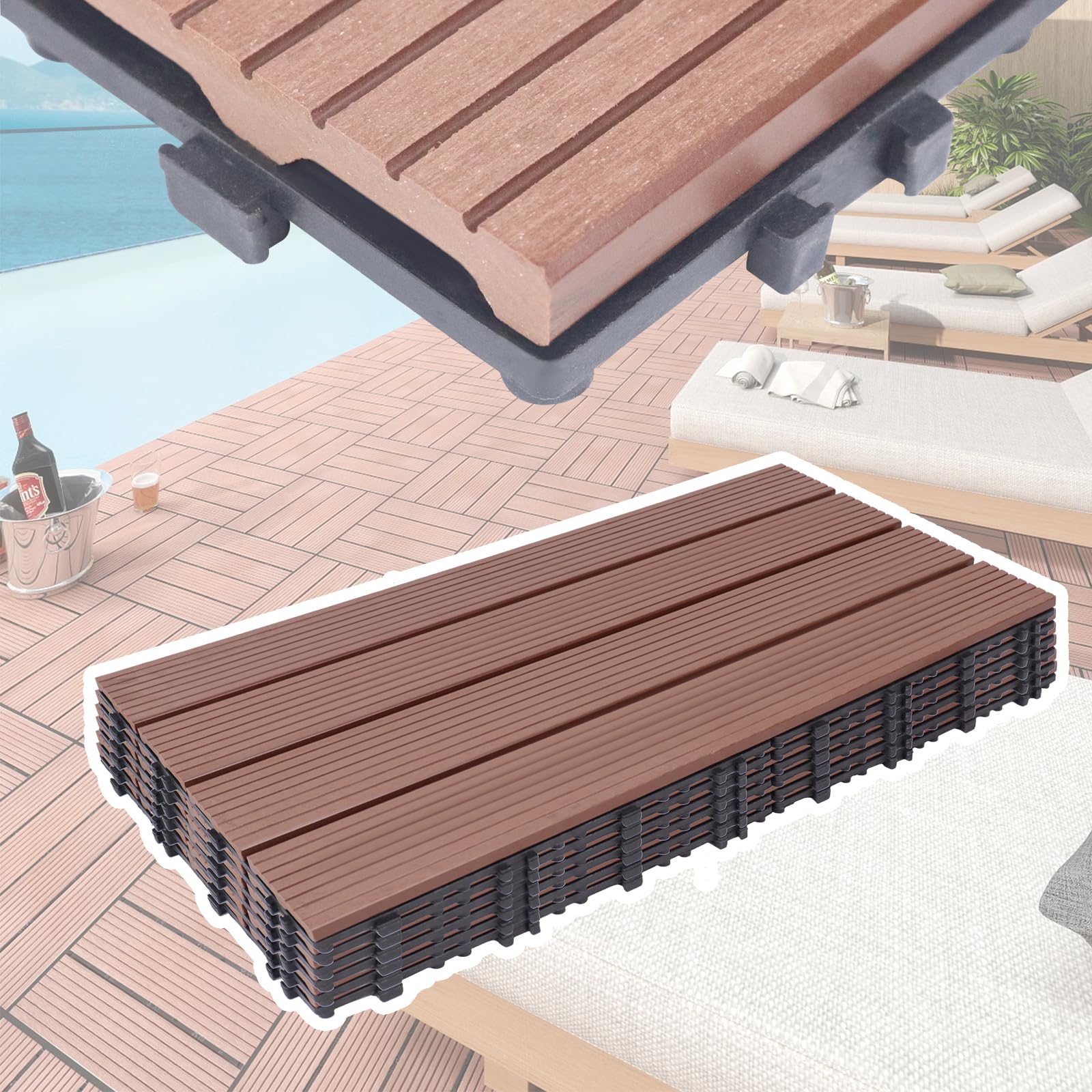 UISEBRT 6 sztuk płytek balkonowych, WPC (PC), płytki tarasowe, wygląd drewna, płytki balkonowe, system klik, do ogrodu, na balkon, taras (30 x 60 cm, brązowe)