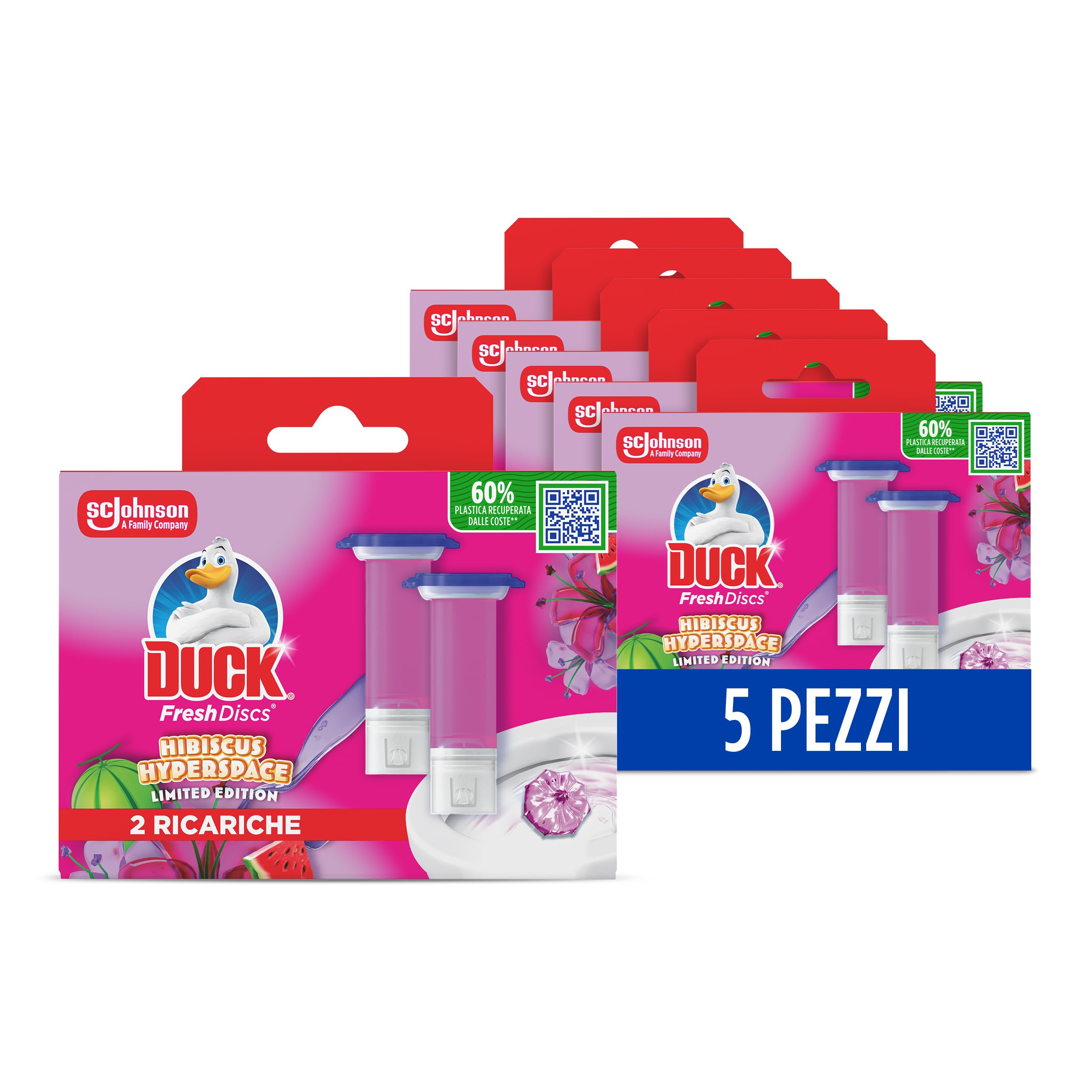 Duck Fresh Discs - Dischi Gel Igienizzanti WC, Fragranza Ibisco, Anguria & Prugna, Formato Scorta da 10 Ricariche e 60 Dischetti