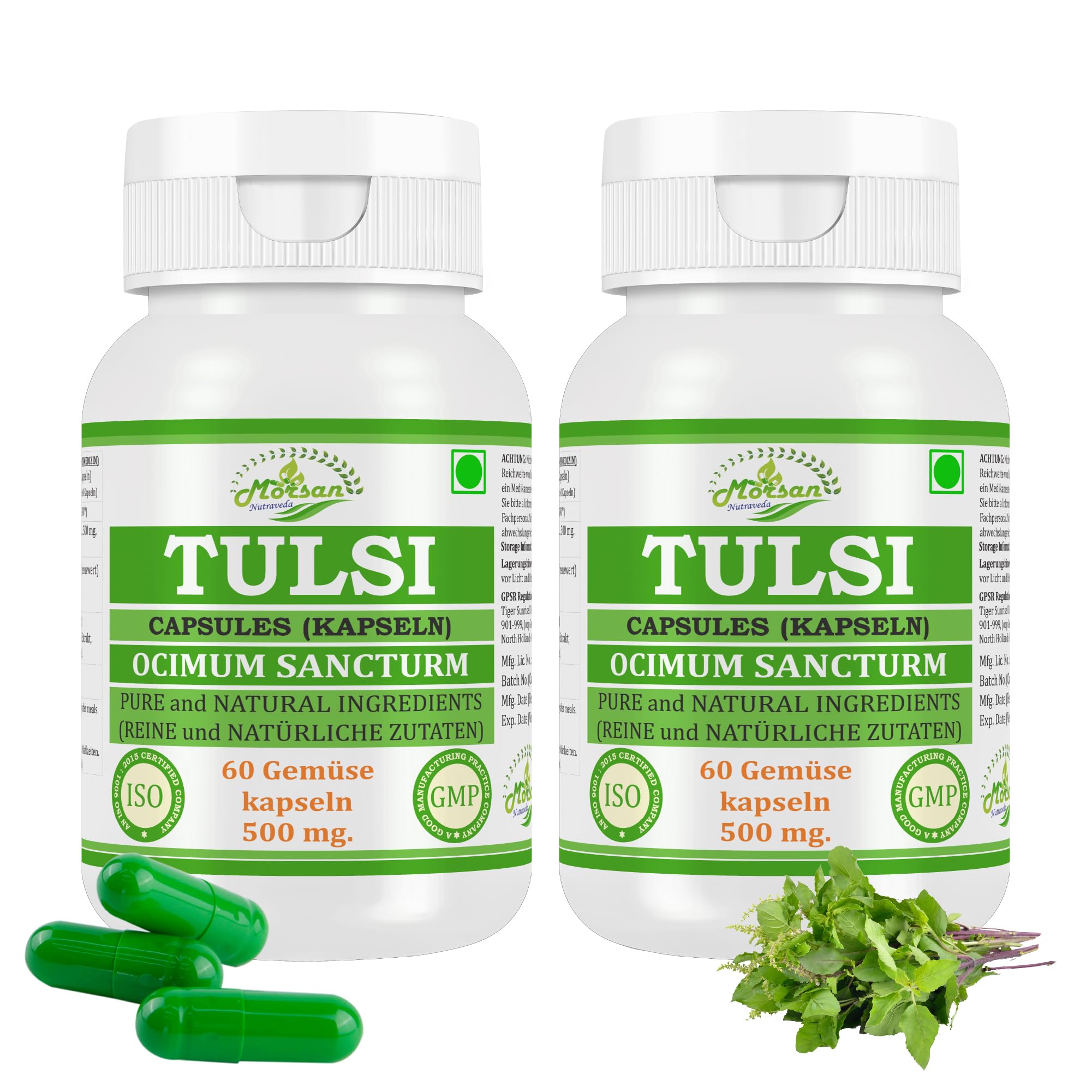 Capsule Tulsi 500 mg. 60 vegani. Unità | Capsule di estratto di basil (Ocimum sanctum) per uomini e donne | Integratore a base di erbe ayurvediche/rimedio | 10:1 amido (2 bottiglia da 60 capsule)