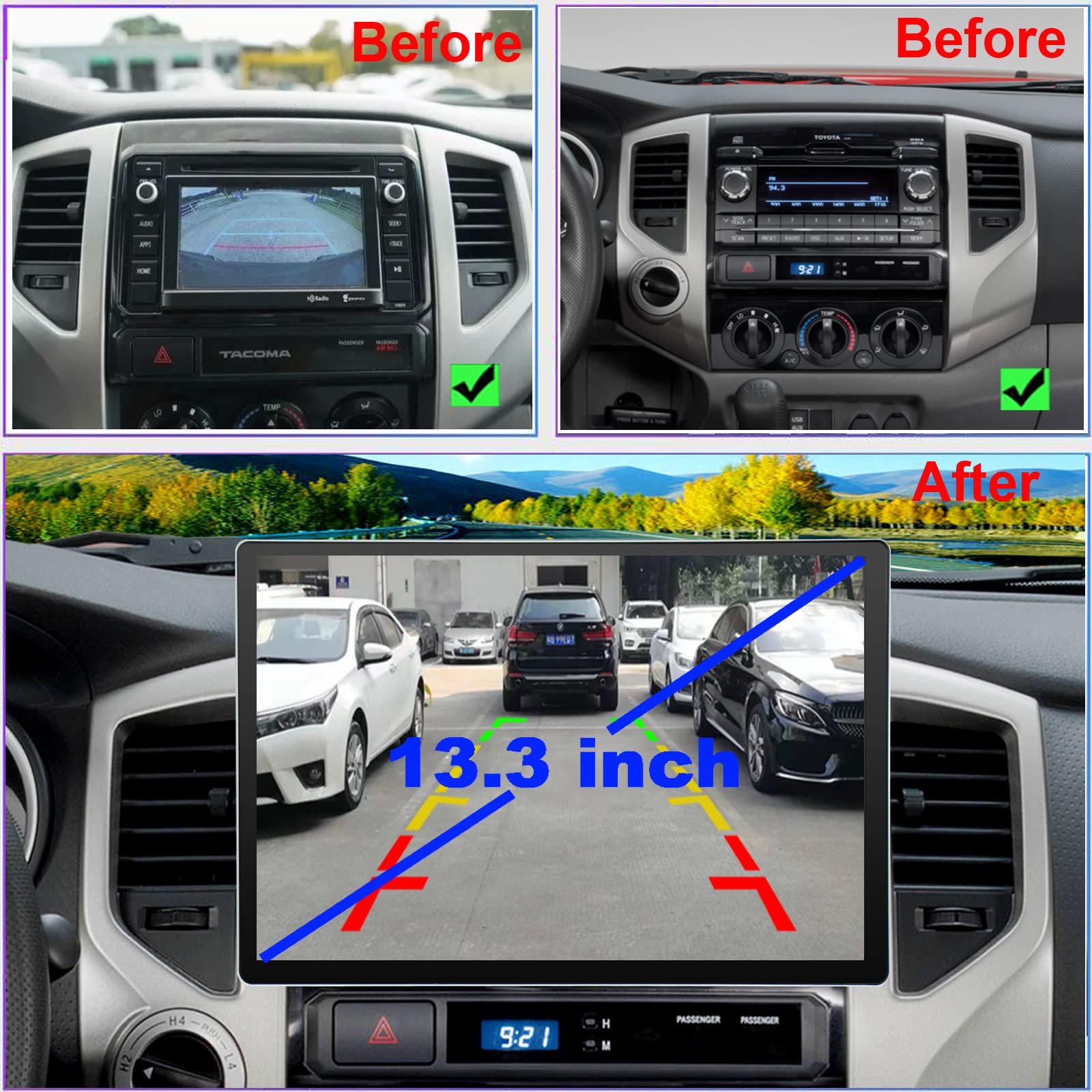 for Toyota Tacoma Radio Upgrade 2005-2015,Truck Accessories,Android Stereo Replacement,13.3inch High Resolution Touch Screen,Build in Wireless carplay Android Auto Free Camera