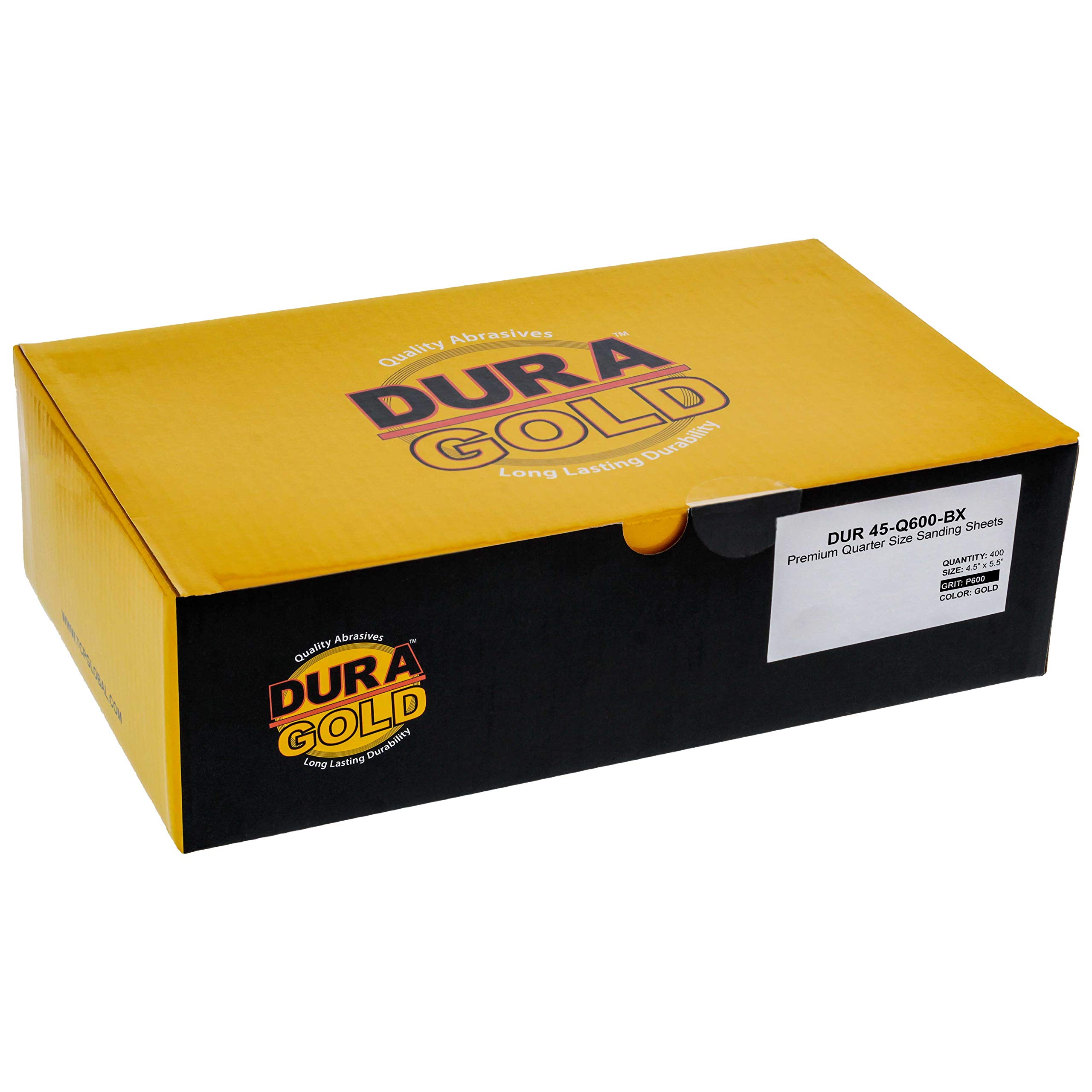 Dura-Gold - Papel de lija de grano 600 dorado – 1/4 hoja de papel de lija liso 5.5" x 4.5" – para lijadoras de palma automotriz y carpintería – Caja de 400