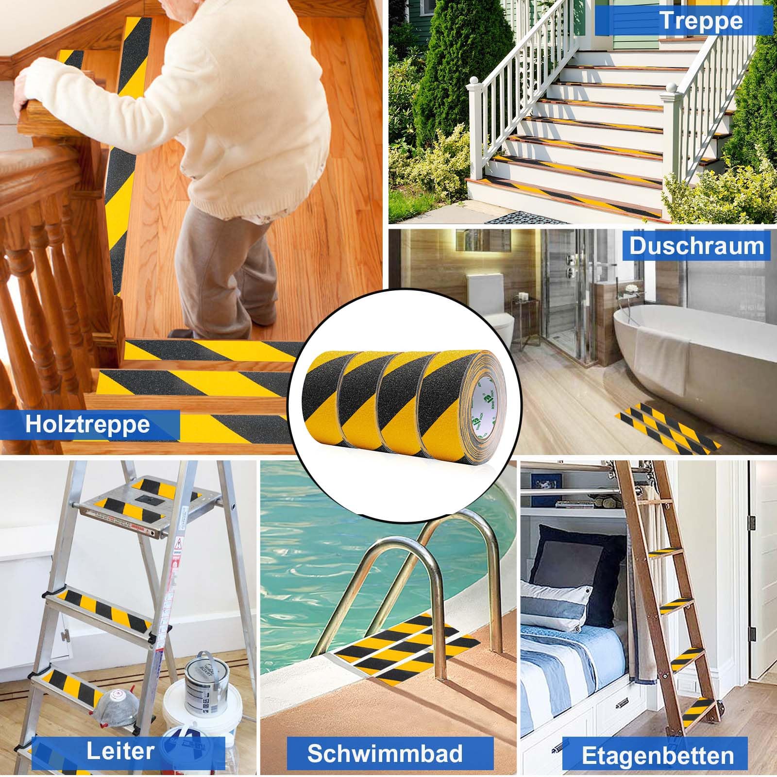 BOMEI PACK 4 rollos de cinta adhesiva antideslizante de 5 cm x 10 m, para suelos interiores y exteriores, almohadilla de alta tracción, tiras de tracción antideslizantes, color negro y amarillo