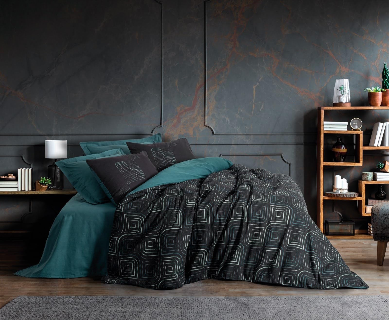 Nuit Des Rêves Ranforce Single Quilt Cover Set, 135 x 200 cm, 100% Cotton, Petrol Blue, Reactive Printing, Machine Washable, Envelope & Button Closure, Soft & Stylish, Twin
