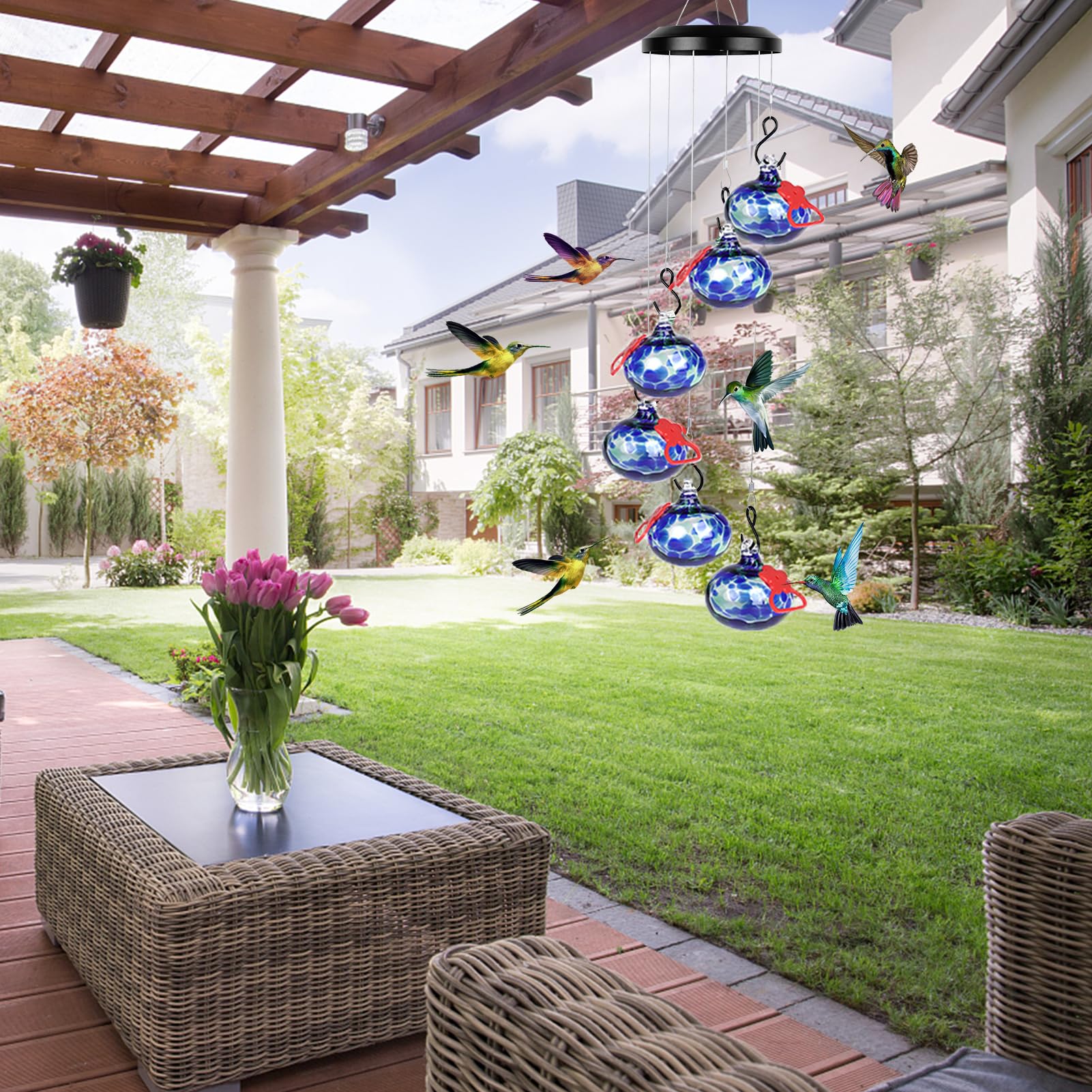 Headak Life Charming Wind Chimes Hummingbird feeders for Outdoors Hanging ant and bee Proof,Never Leak,Perfect Garden Decor for Outside: Dotted Navy Blue