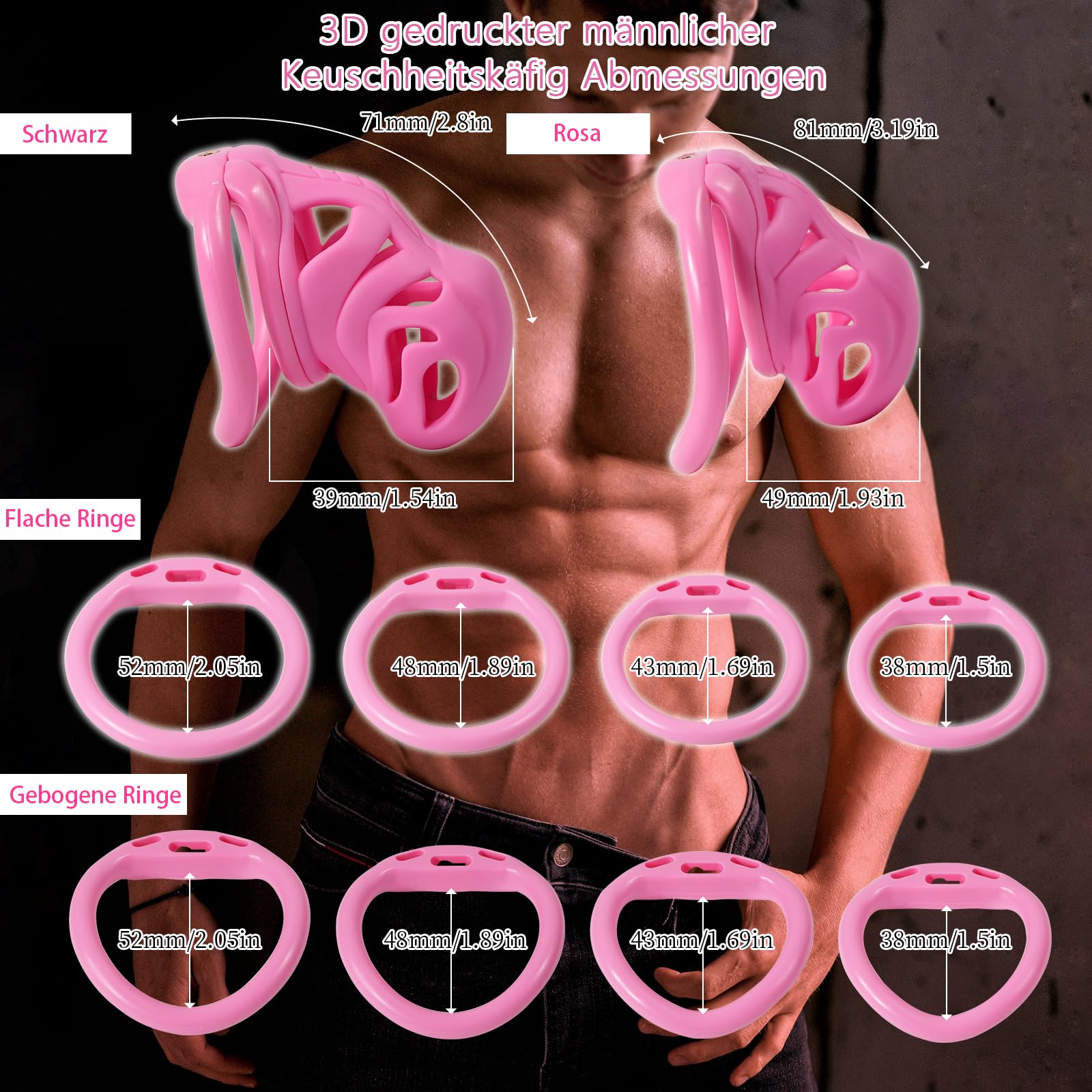 SeLgurFos Jaula de Castidad Hombres con 4 Anillos y 2 Llaves, Multiagujero, Cilindro Oculto, Wearing Chastity Cage Men SM Bondage Sex Toys for Men (Pink,S-Arc-ring)