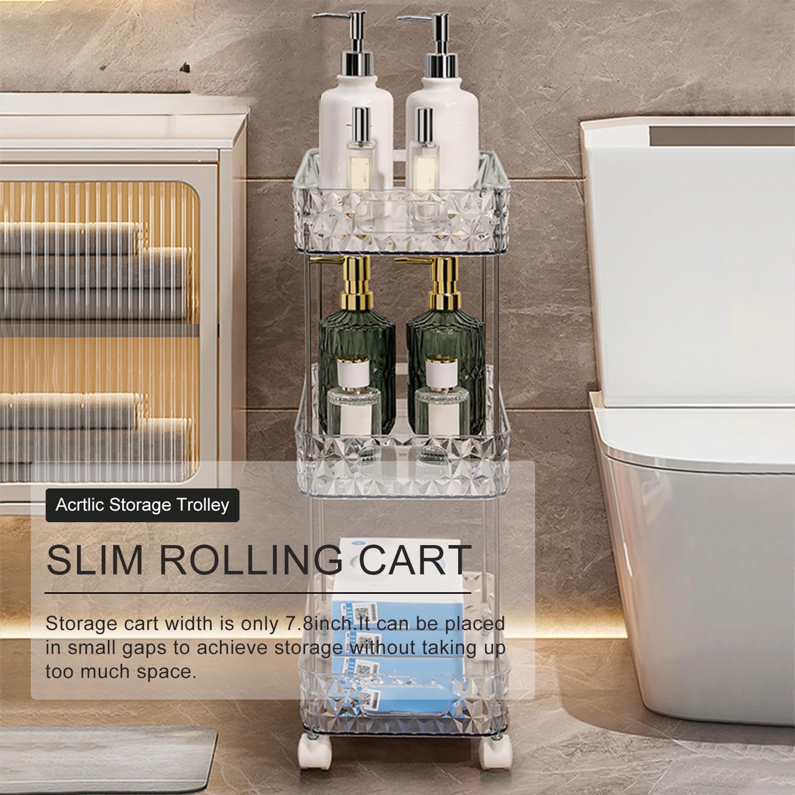 Carrello portautensili in acrilico – Carrello portaoggetti a 3 ripiani con ruote per cucina e bagno – Versatile scaffale mobile per un facile accesso e soluzioni salvaspazio