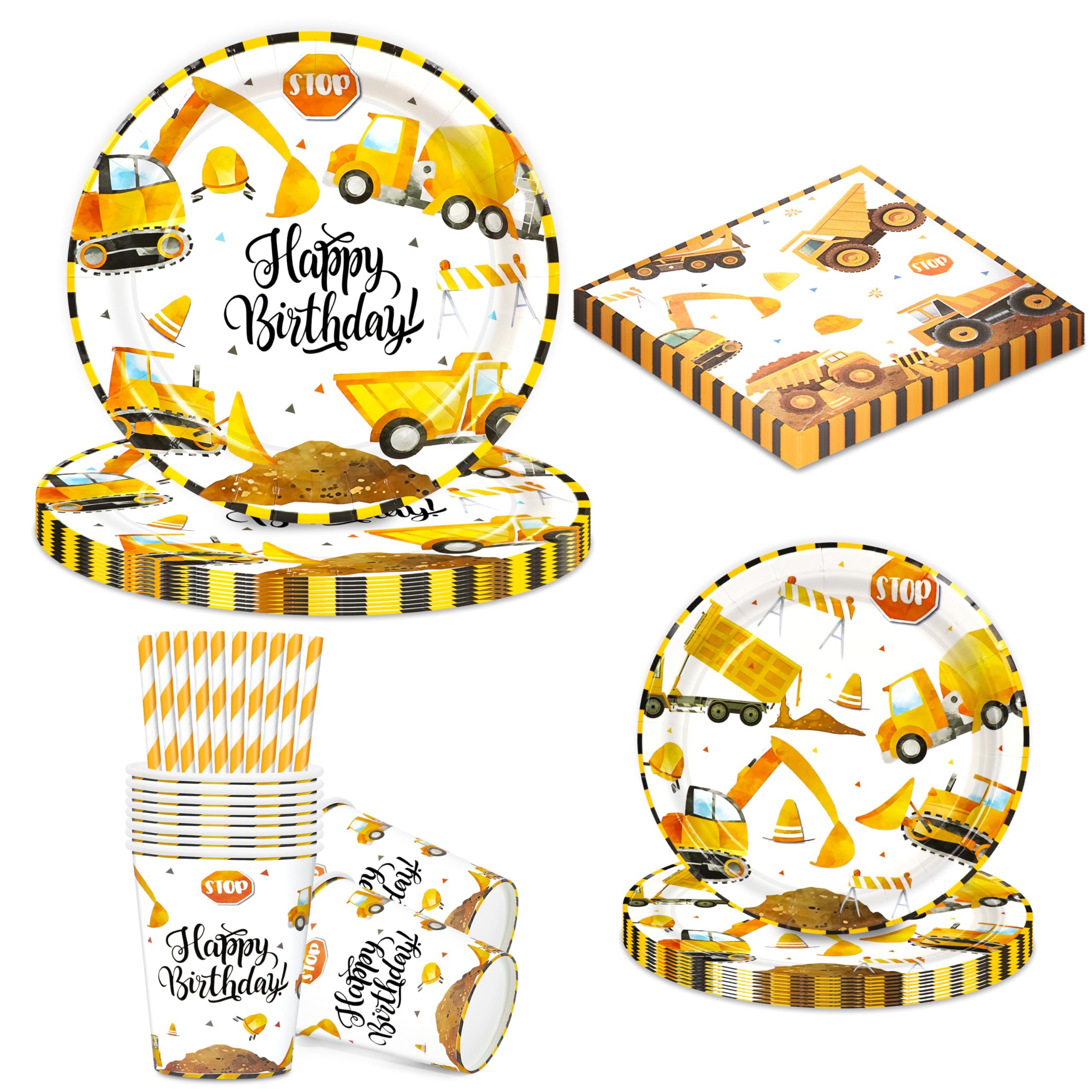 BuyCard Baustellen Partyzubehör Set | 60Pcs Bagger & Kipplaster Motive | 20 Teller, 10 Becher, 10 Trinkhalme, 20 Servietten | Baustelle Deko