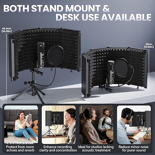 Miniatura 7 de Escudo de aislamiento de micrófono de grabación de estudio con filtro pop y kit de tres soportes, grabación de música, micrófonos de condensador USB