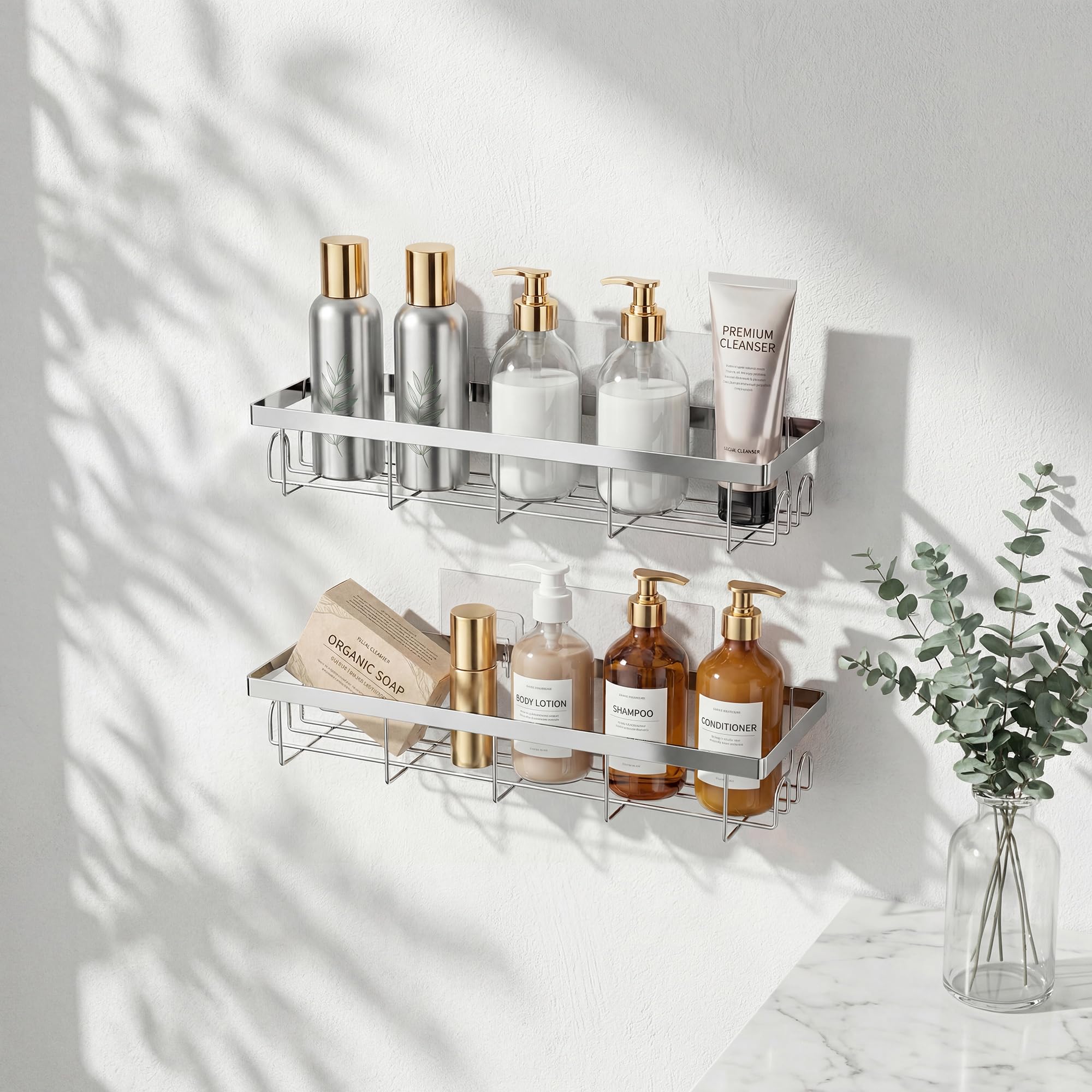 JAQ Shower Caddy 2 Pack, Adhesive Bathroom Shelf Organizer No Drilling Wall Mounted Storage Rack for Inside Shower, Rust-Resistant Metal Shower Basket with Hooks for Shampoo, Conditioner, Soap-Silver - 3