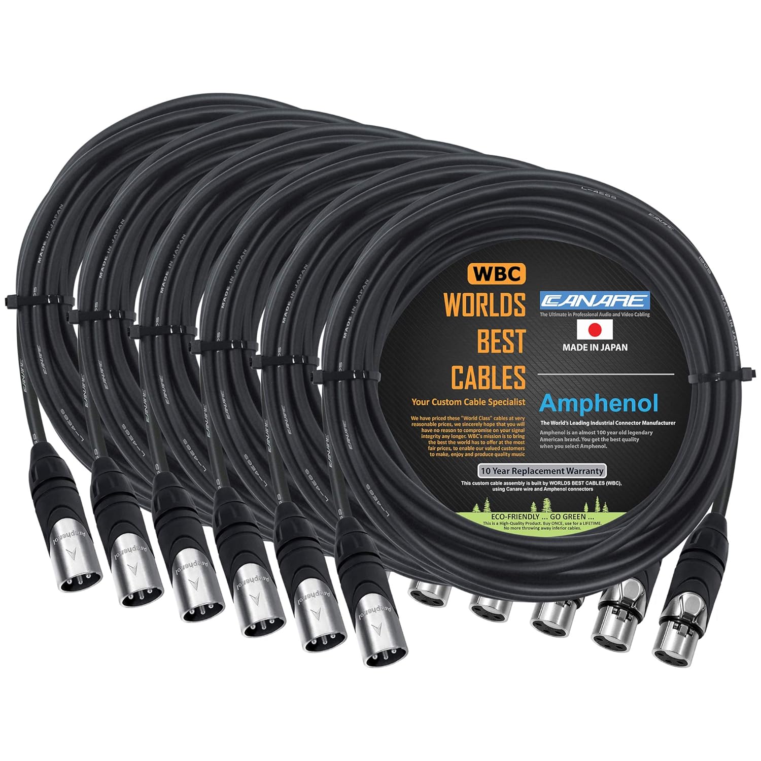 WORLDS BEST CABLES 6 Units - 20 Foot - Canare L-4E6S, Star Quad Balanced Male to Female Microphone Cables with Amphenol AX3M & AX3F Silver XLR Connectors - Custom Made