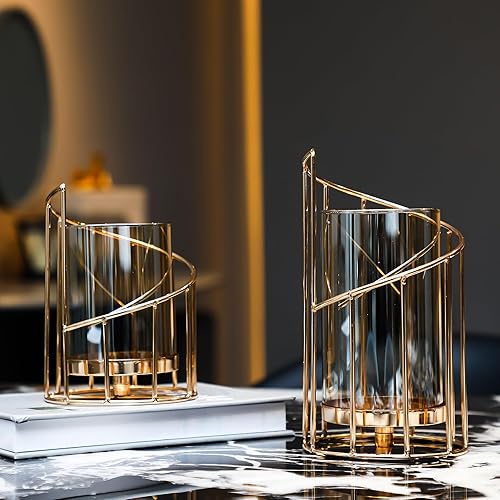 Miniatura 4 de Portavelas dorado de huracán, portavelas dorados para velas de pilar con funda de vidrio transparente, elegante centro de mesa para bodas, cenas,