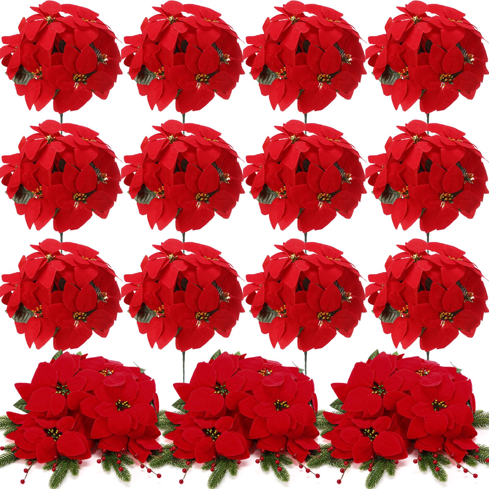 Hotop Paquete de 12 ramas artificiales de pino de Pascua de 14 pulgadas con bayas rojas, flores artificiales de Navidad para interiores y exteriores, adorno de árbol de Navidad, decoración del porche