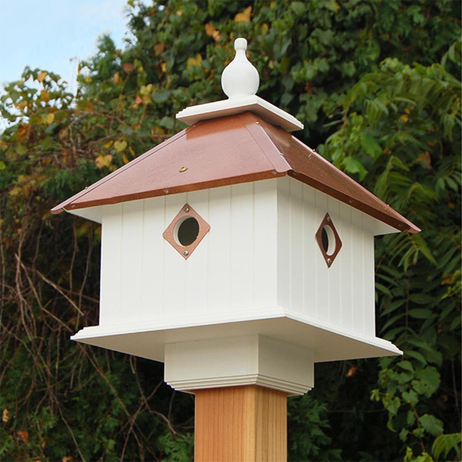 Wing & A Prayer Carriage Bird House with Hammered Copper Colored Roof, 4 Chambers with 1.5” Entrances, White PVC Trimboard Body, Predator Guards, Mounts on True 4x4 Post, Large Outdoor Birdhouse