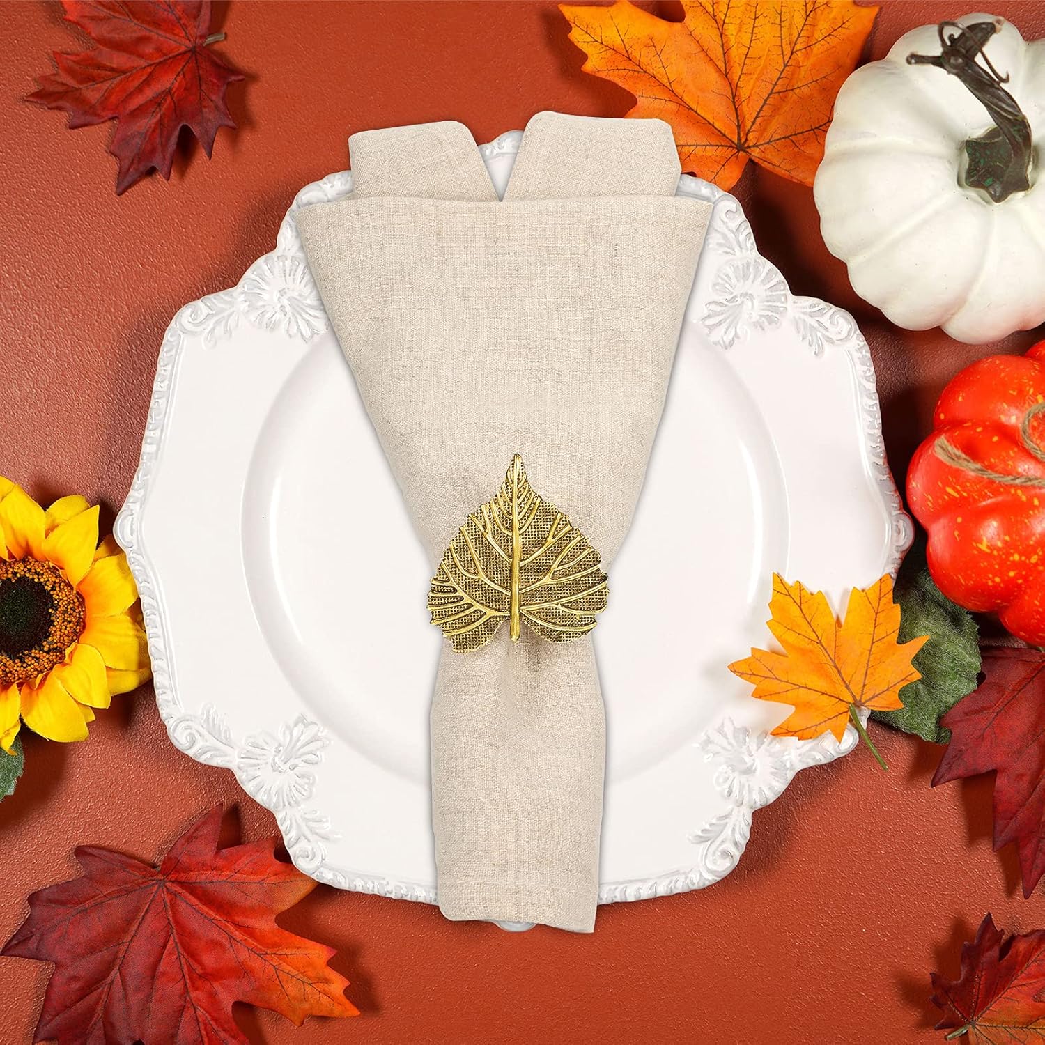 Patelai 48 Pieces Fall Thanksgiving Napkin Ring Set Including Autumn Thanksgiving Pumpkin Napkin Holders Table Decorative Fall Leaf Rings Vintage Alloy Holder Buckle Holiday Party Favor Supplies