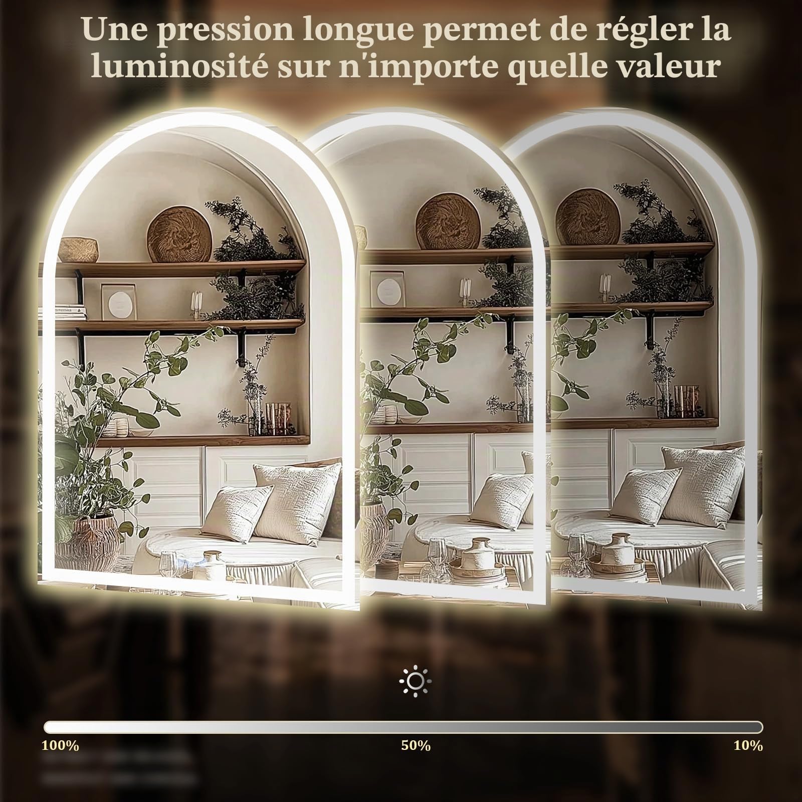 Koonmi Miroir de salle de bain LED 100 x 75 cm avec rétroéclairage, miroir cosmétique bombé avec fonction anti-buée, intensité variable, couleur de lumière à trois niveaux, fonction mémoire, verre
