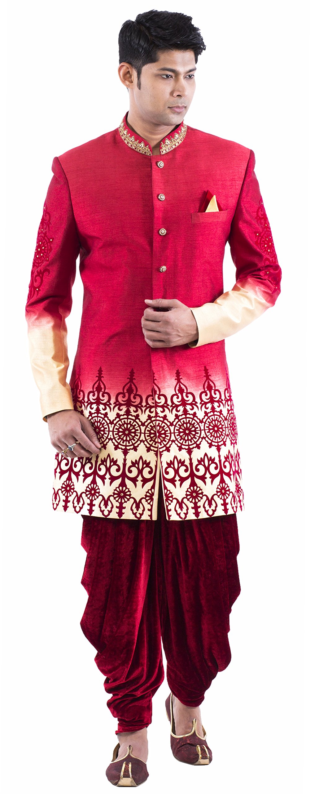 Men's Maroon Gold Omery Indo-western H/emb With Maroon Harem-image-44