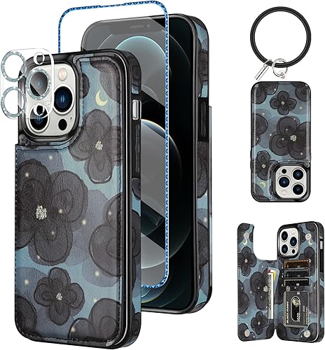 HianDier Funda tipo cartera para iPhone 12 Pro MAX con pulsera, protector de pantalla + funda para cámara, con ranura para tarjeta de crédito, funda