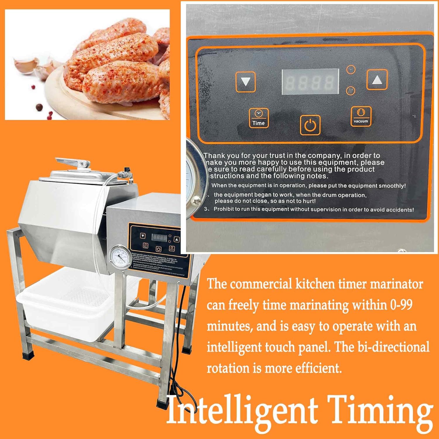 38L Commercial Vacuum Marinator Machine, 360° Rotation Meat Tumbler Marinator with Automatic Timer, Stainless Steel Hexagonal Barrel, for Meat, Vegetables 110V