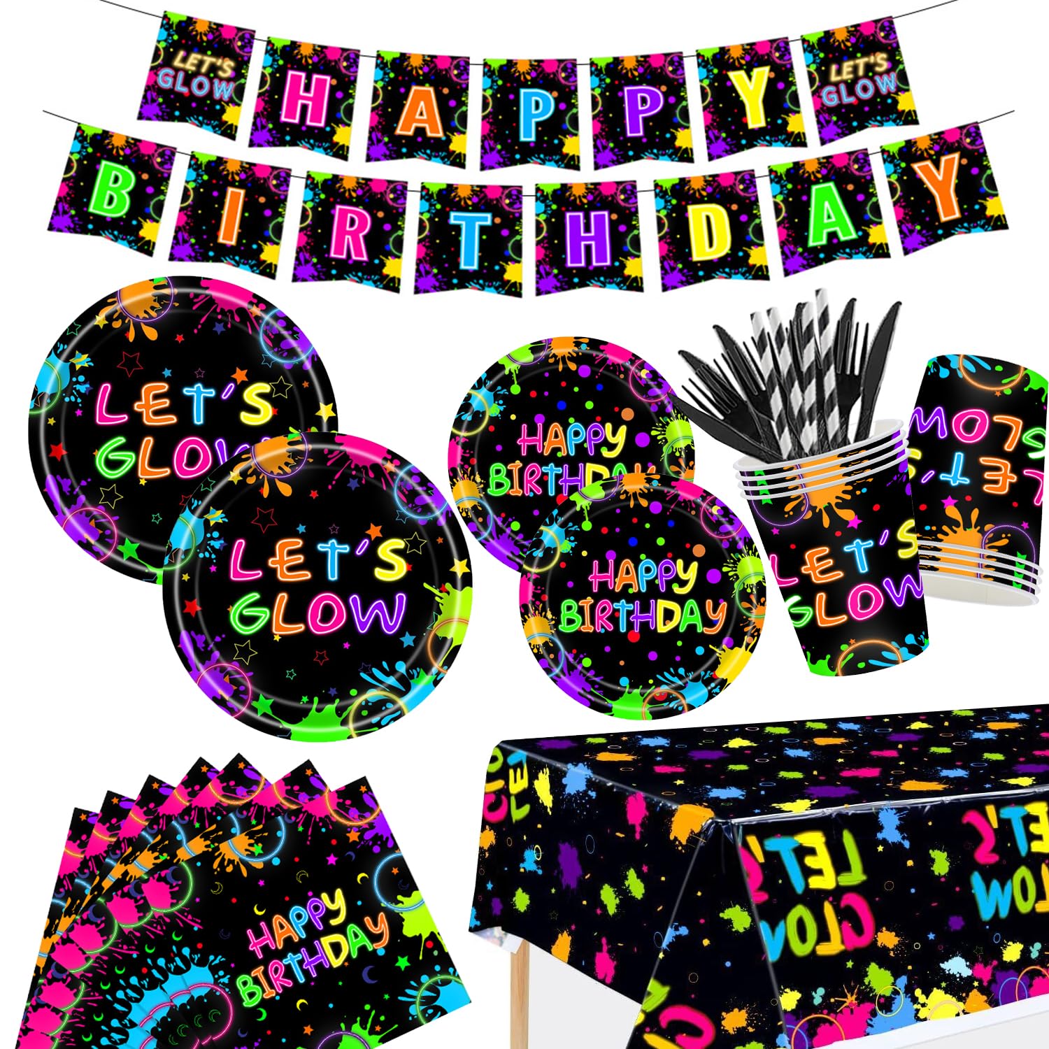 194 Pcs Neon Glow in the Dark Party Supplies Decorations Serve 24, Includes Plates, Napkins, Tablecloth, Banner, Ideal for Neon Themed Birthday Party