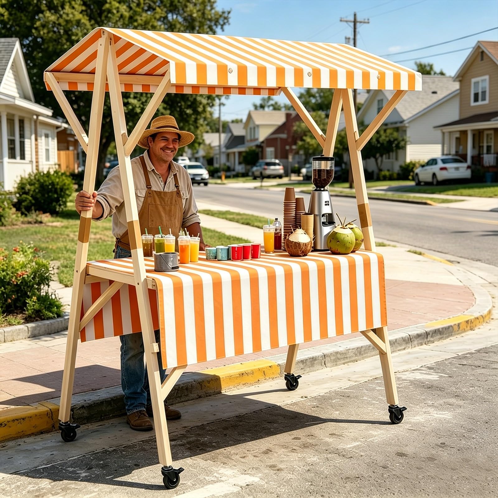Carrello alimentare portatile in legno con tettoia e ruote59 Supporto per hot dog e salsicce Venditore di snack mobile per festival all'aperto Street Food Stallo Food Truck Alternativa perfetta per