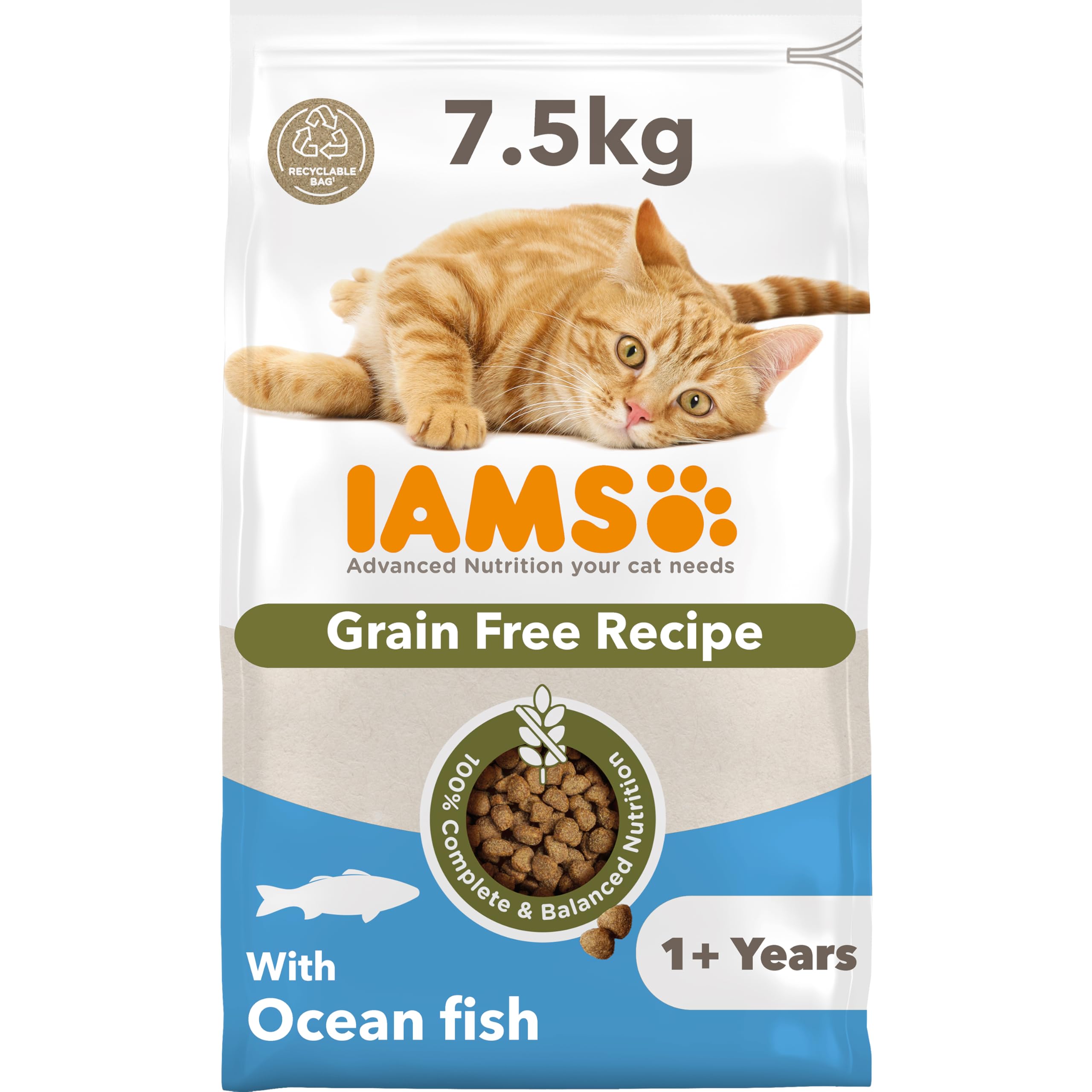 IAMS Grain Free Adult Dry Cat Food Ocean Fish 7.5kg Complete Cat Food