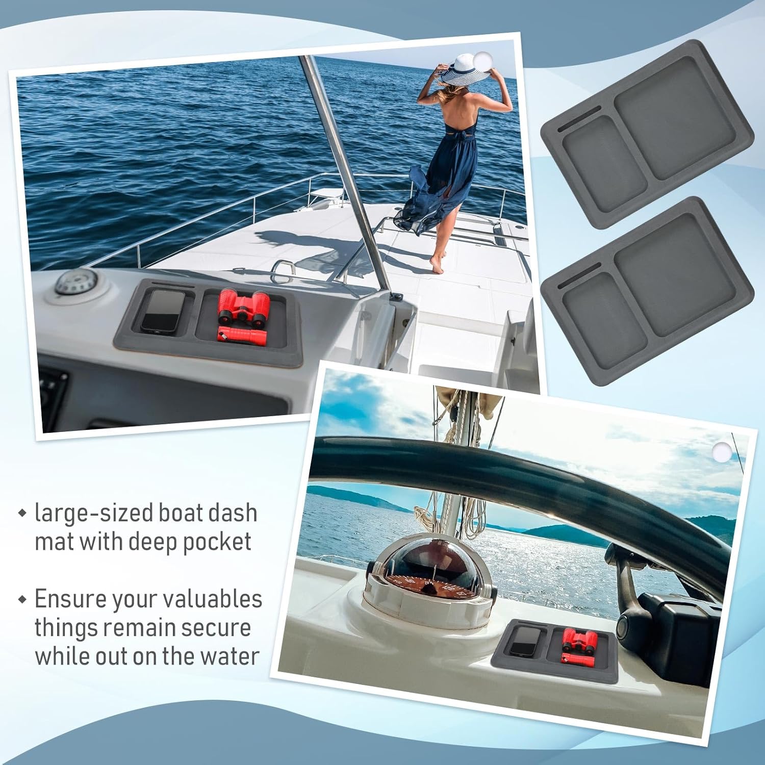 Fulmoon 2 Pcs EVA Foam Boat Dash Pad 2 Compartment Cell Phone Boat Dash Accessory Boat Phone Holder Adhesive Backing Boat Dash Organizer for Sea Marine Fishing Boating Center Deck Tool Accessories