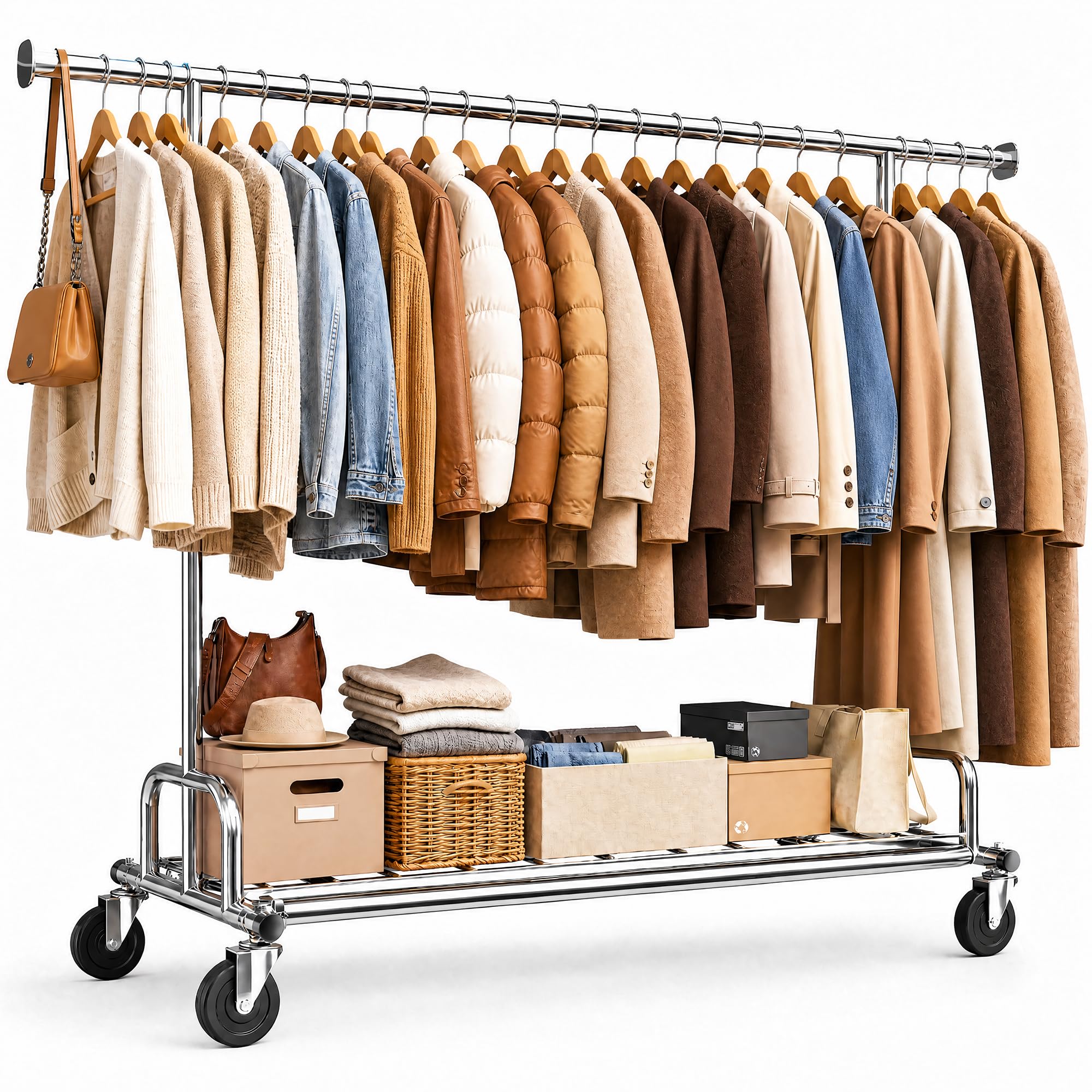 Stand Appendiabiti con Ruote, Portata massima 200KG, Argento | 130–190cm Estensibile, 166-178cm Regolabile in Altezza, per Cappotto invernale, Giacca, Maglioni, Camera da letto, Dormitorio
