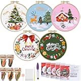 ERKOON 5 Sets Embroidery Kit for Beginners, Christmas Cross Stitch Set with Easy Pattern Embroidery Cloth Hoops Threads for Craft Lover Hand Stitch