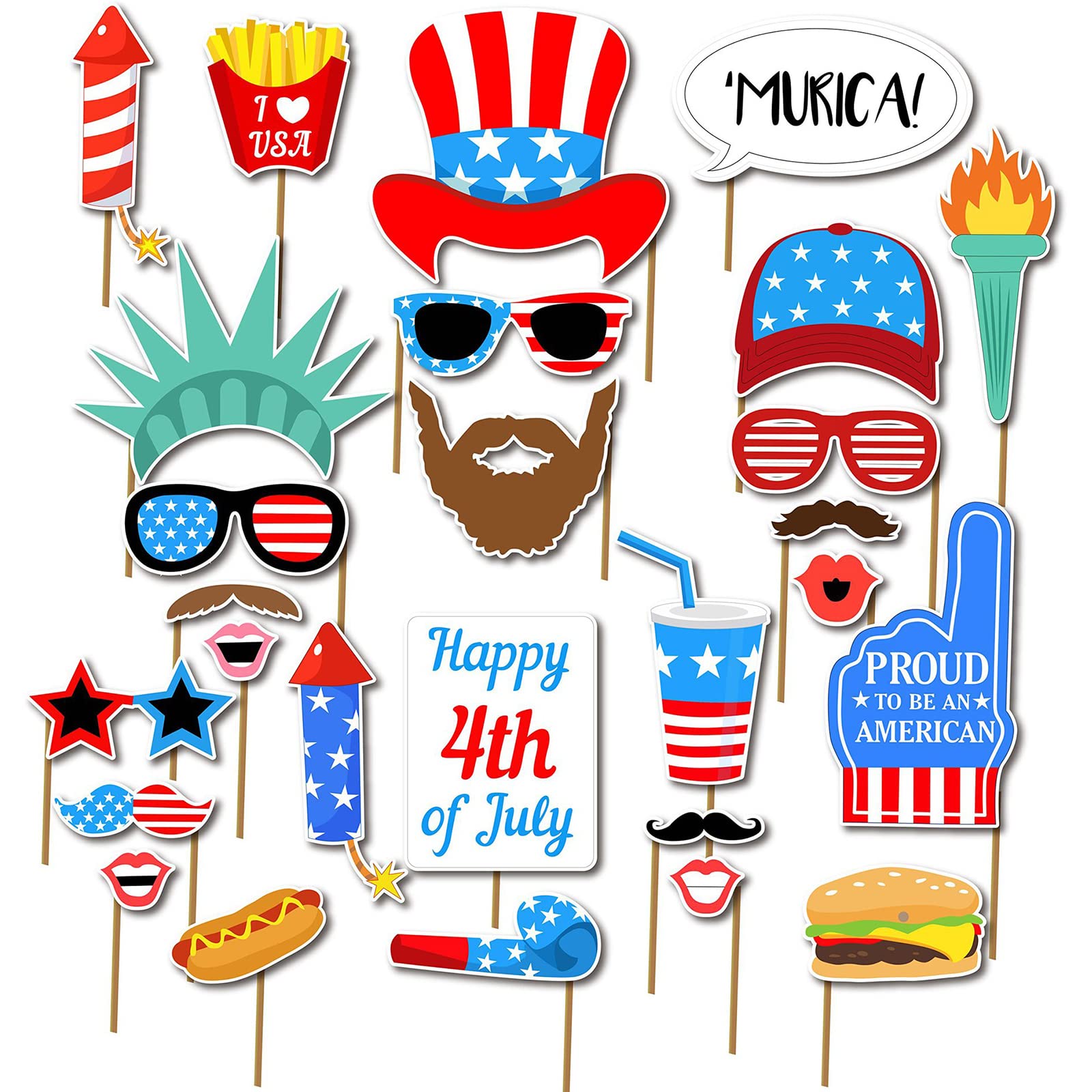 Photo 1 of 4th of July American Photo Booth Props, USA Independence Day Photobooth Props for Selfie Photography American Flag Pride Patriotic Memorial Day Party Photoshoot Masks Decorations 27 Pieces/Set