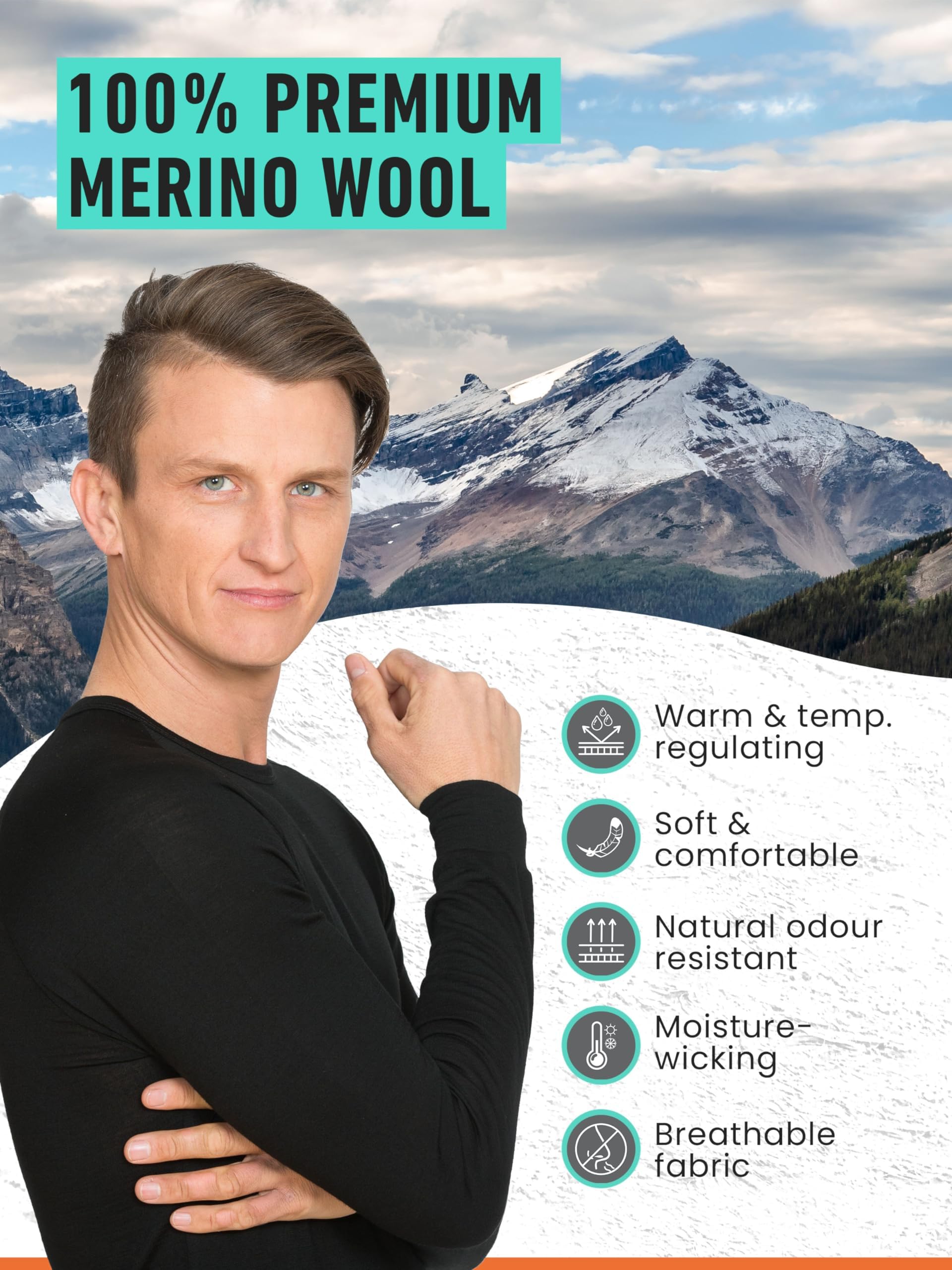 Brass Monkeys - 100 % pure laine mérinos - Fabriqué en Nouvelle-Zélande - Haut thermique à manches longues pour homme - Parfait pour les sports de plein air - Noir - Grande taille