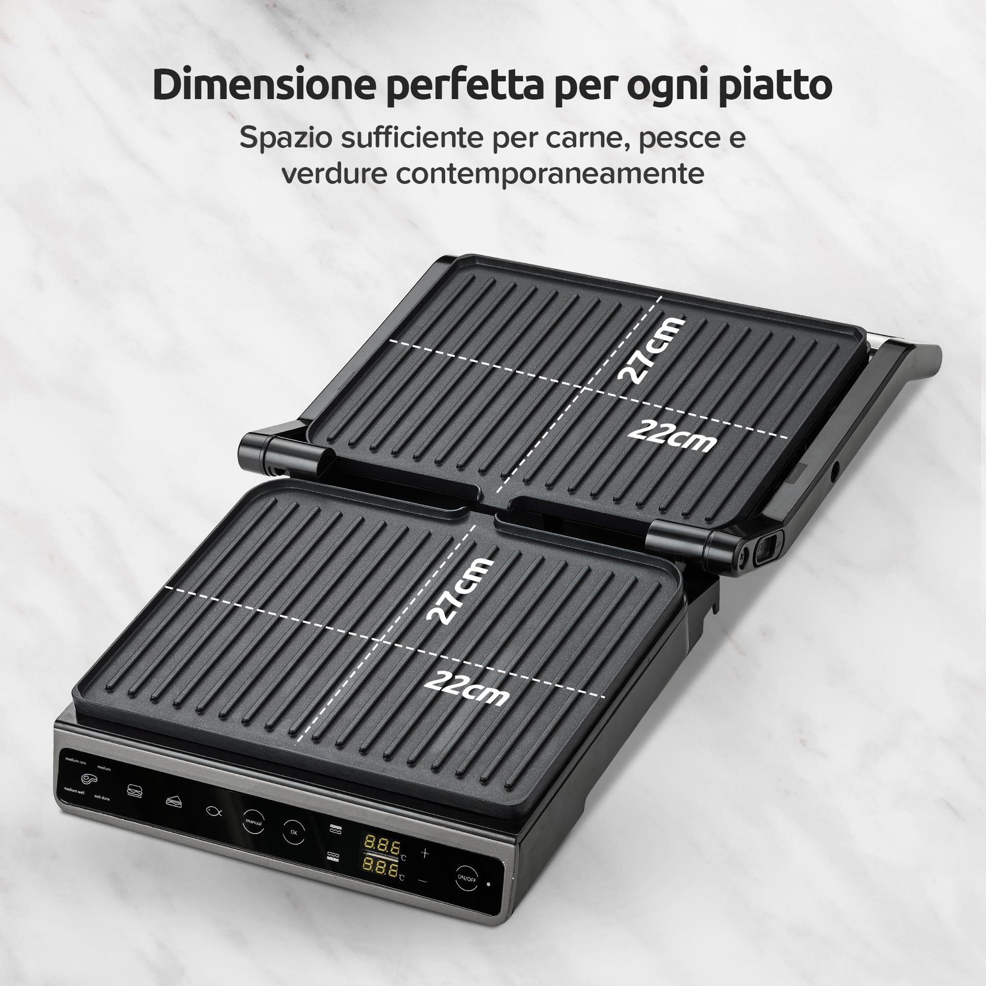 Olvy Piastra Grill con Touchscreen - Senza PFAS - 7 Programmi Automatici - Apertura 180° 1800W - Piastre Antiaderenti - Termostato & Timer - Piastra Panini & Tostiera in Acciaio Inox