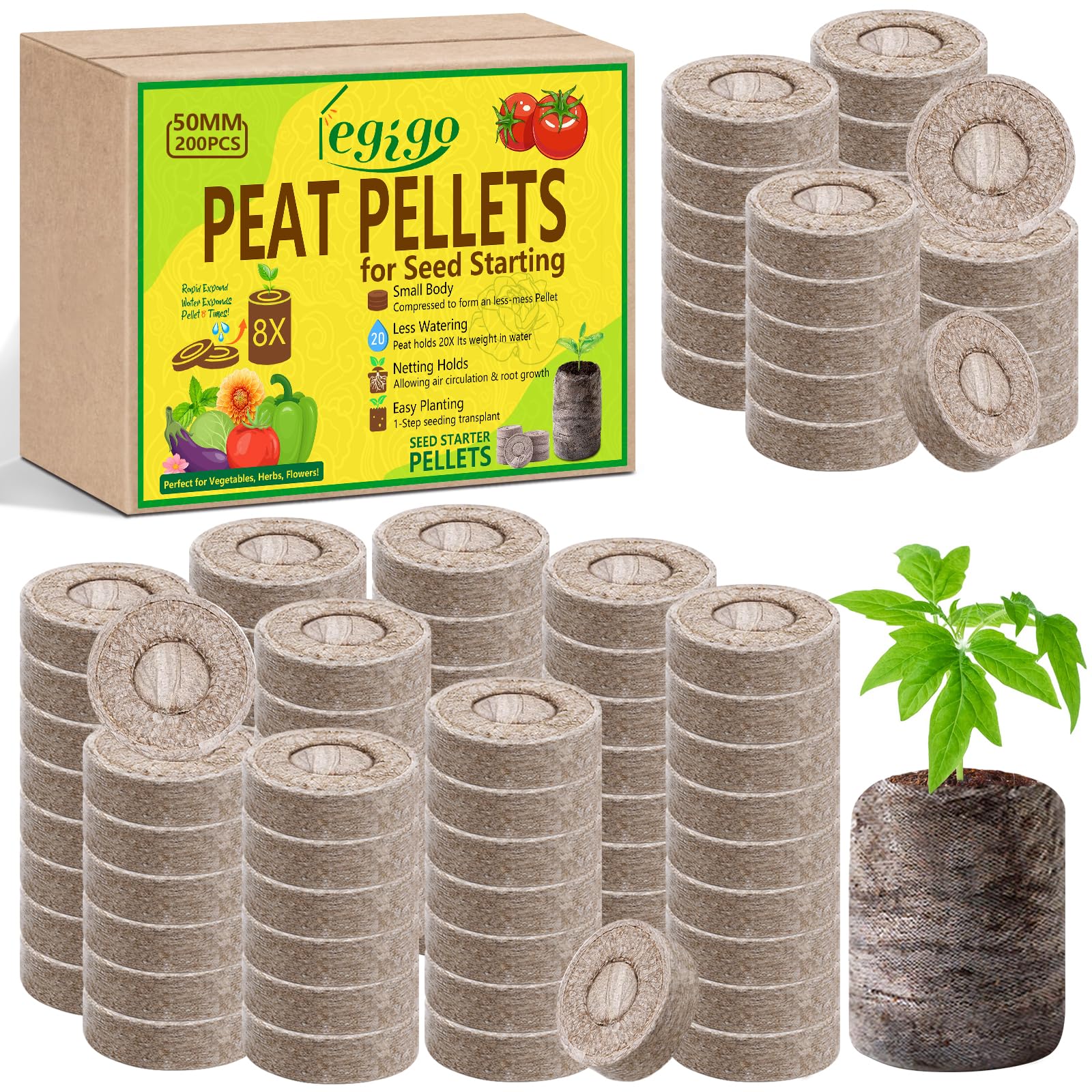 Legigo 200 Pcs 50mm Seed Starter Peat Pellets for Seedlings- Compressed Seed Starter Pods Seed Starting Pellets Plugs Soil Peat Pods for Starting Seeds, Garden Planting Herb Flower Vegetables