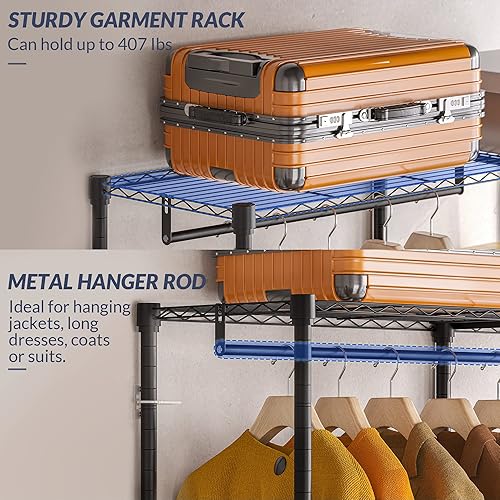 Miniatura 4 de BELLEZE Perchero para colgar ropa, perchero con estante ajustable, estante organizador de ropa independiente con 2 pares de ganchos laterales,