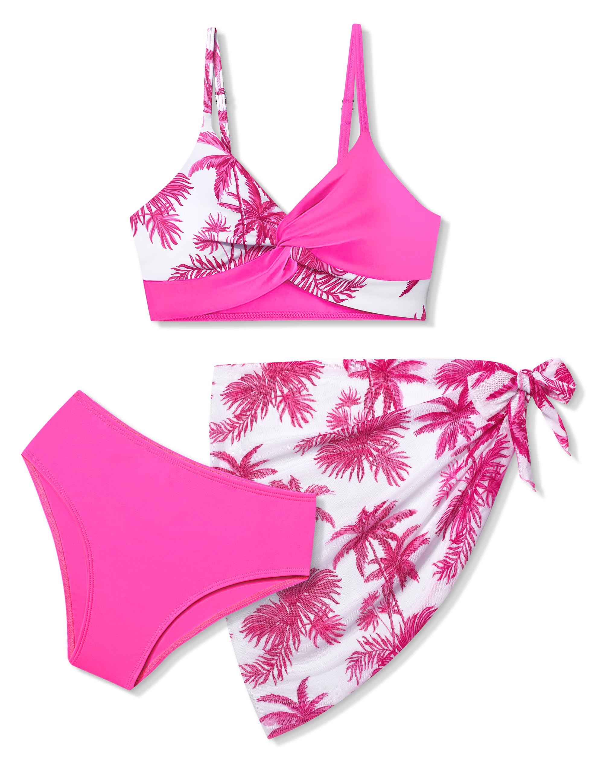 BAVADER Girls Swimsuit, Bathing Suit Size 13 Size 14 Tropical Floral Twist Cross Bikini Swimsuits for Teens with Cover Up Skirt, Pink Palm