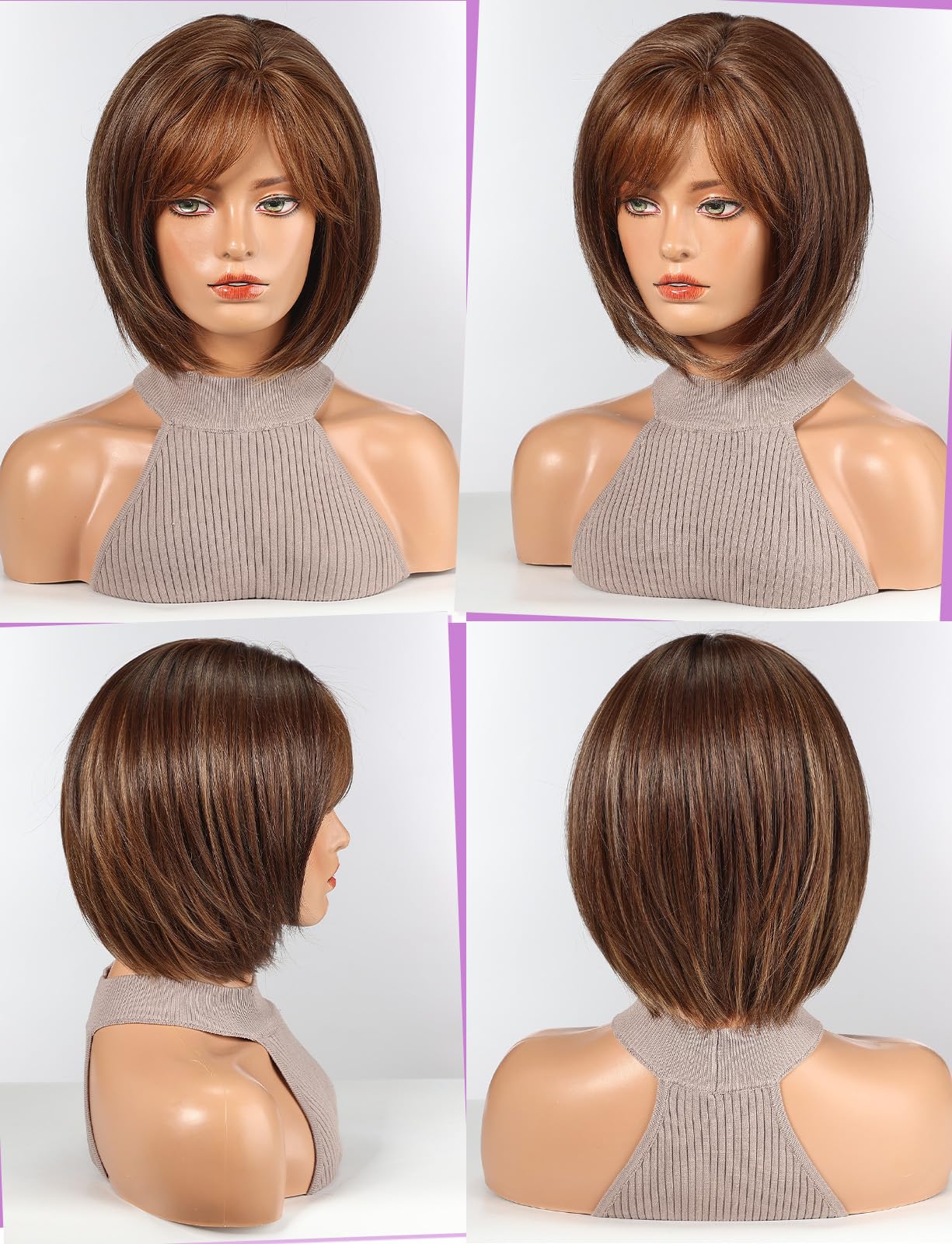 HAIRCUBE Bob Wigs for Women Synthetic Wig with Fringe Brown Color, 21 to 23 Inch - Image 4