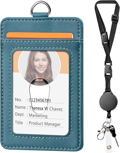 Miniatura 8 de Soporte de cuero para tarjetas y cordones retráctiles ajustables, hebilla de liberación rápida y cordones de seguridad con cierre de metal giratorio